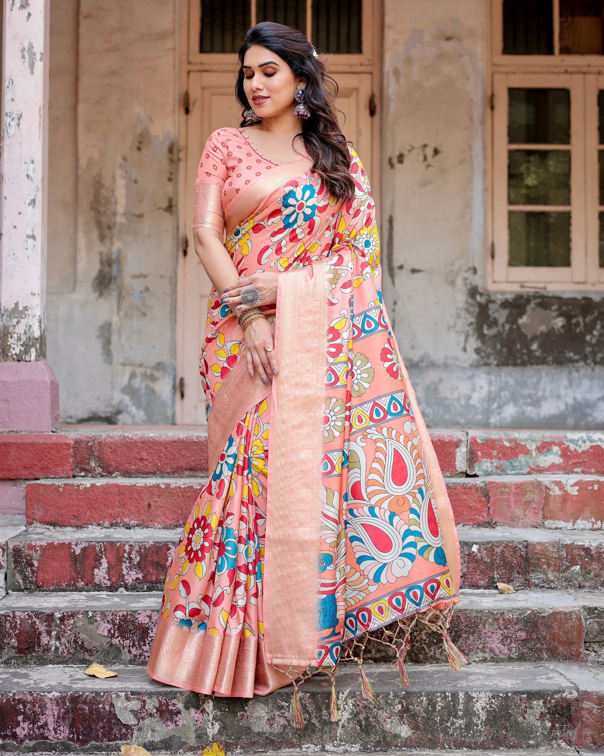 Pure Silk Digital Printed Saree with Brocade Blouse Colorful Saree