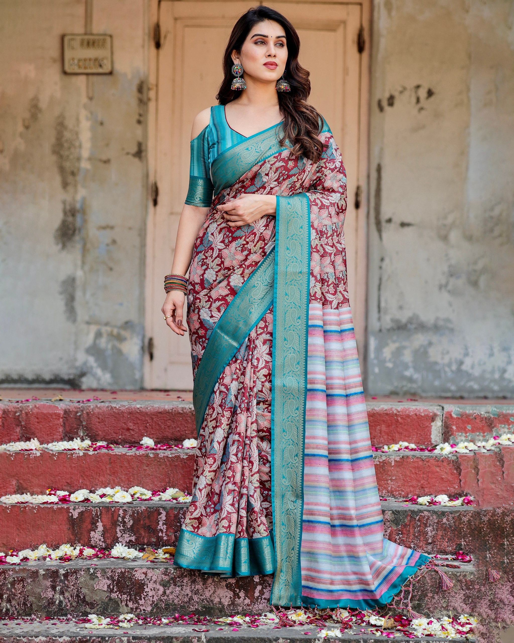 Pure Silk Digital Printed Saree with Brocade Blouse Colorful Saree