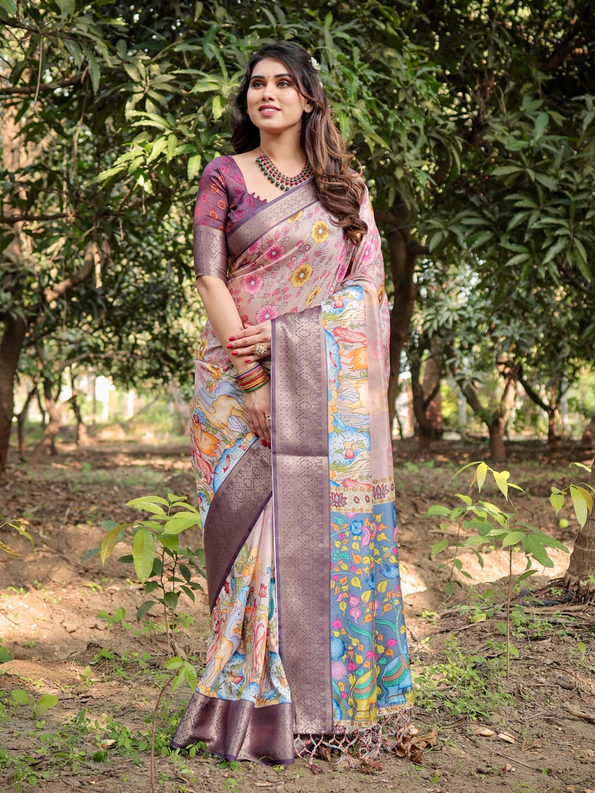 Pure Silk Digital Printed Saree with Brocade Blouse Colorful Saree