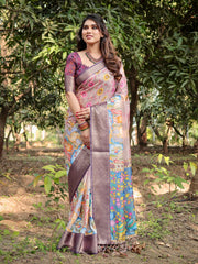 Pure Silk Digital Printed Saree with Brocade Blouse Colorful Saree