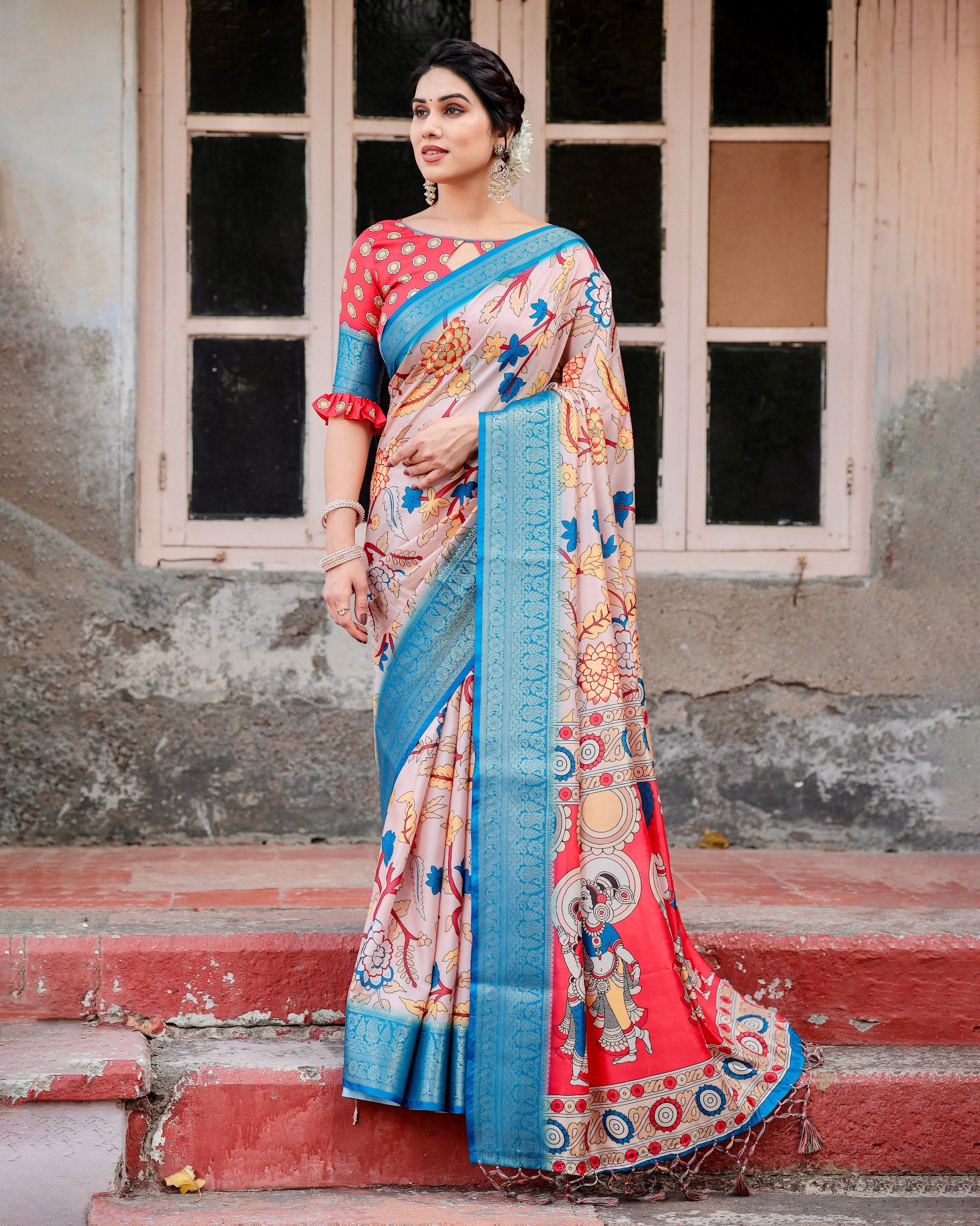 Pure Silk Digital Printed Saree with Brocade Blouse and Enchanting Tassels Colorful Saree