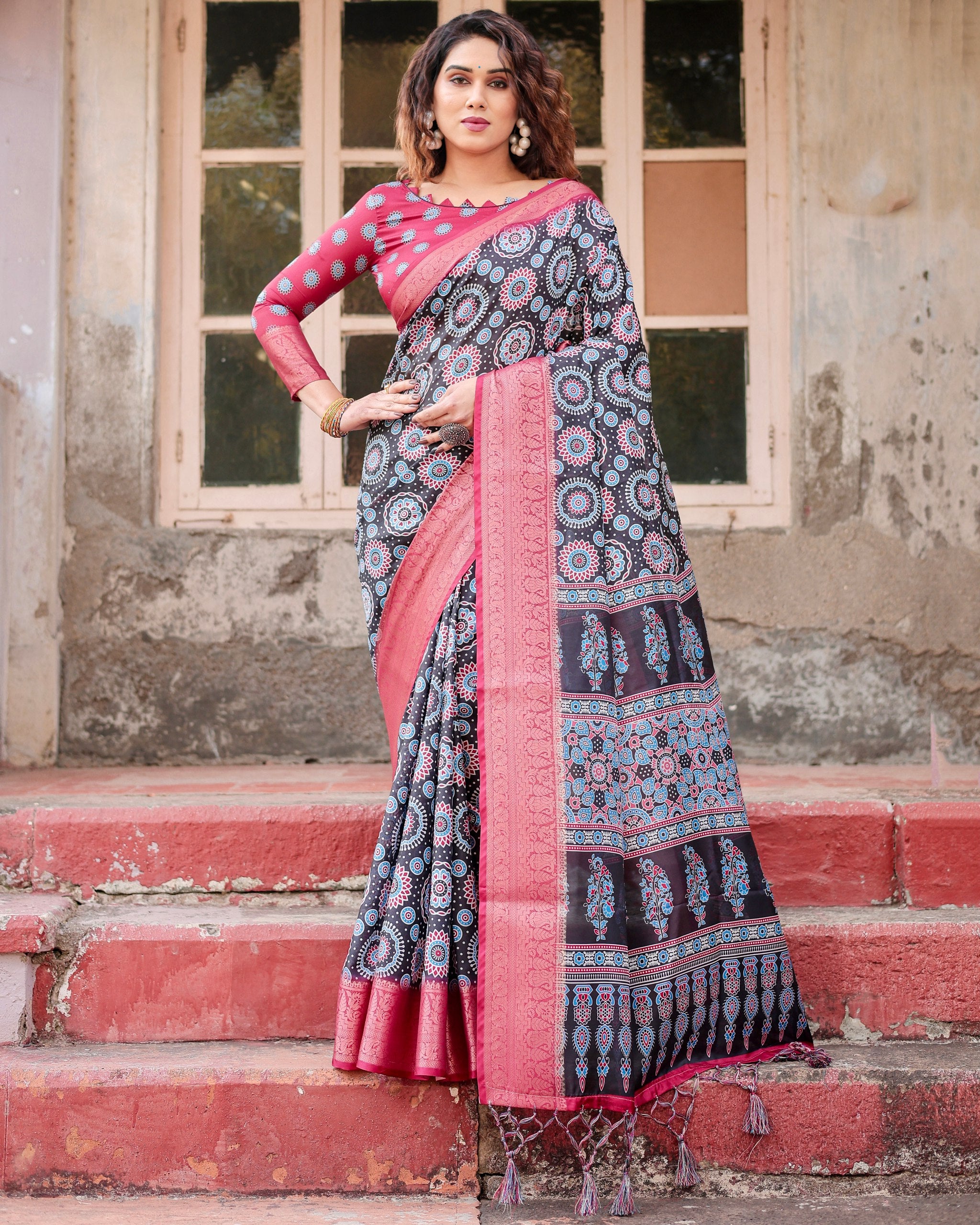 Pure Silk Digital Printed Saree with Brocade Blouse Colorful Saree