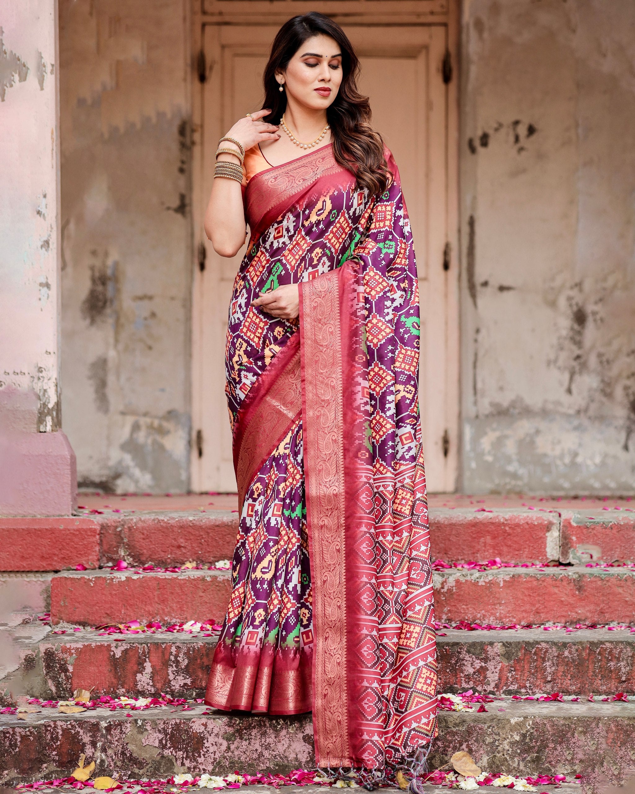 Pure Silk Digital Printed Saree with Brocade Blouse Colorful Saree