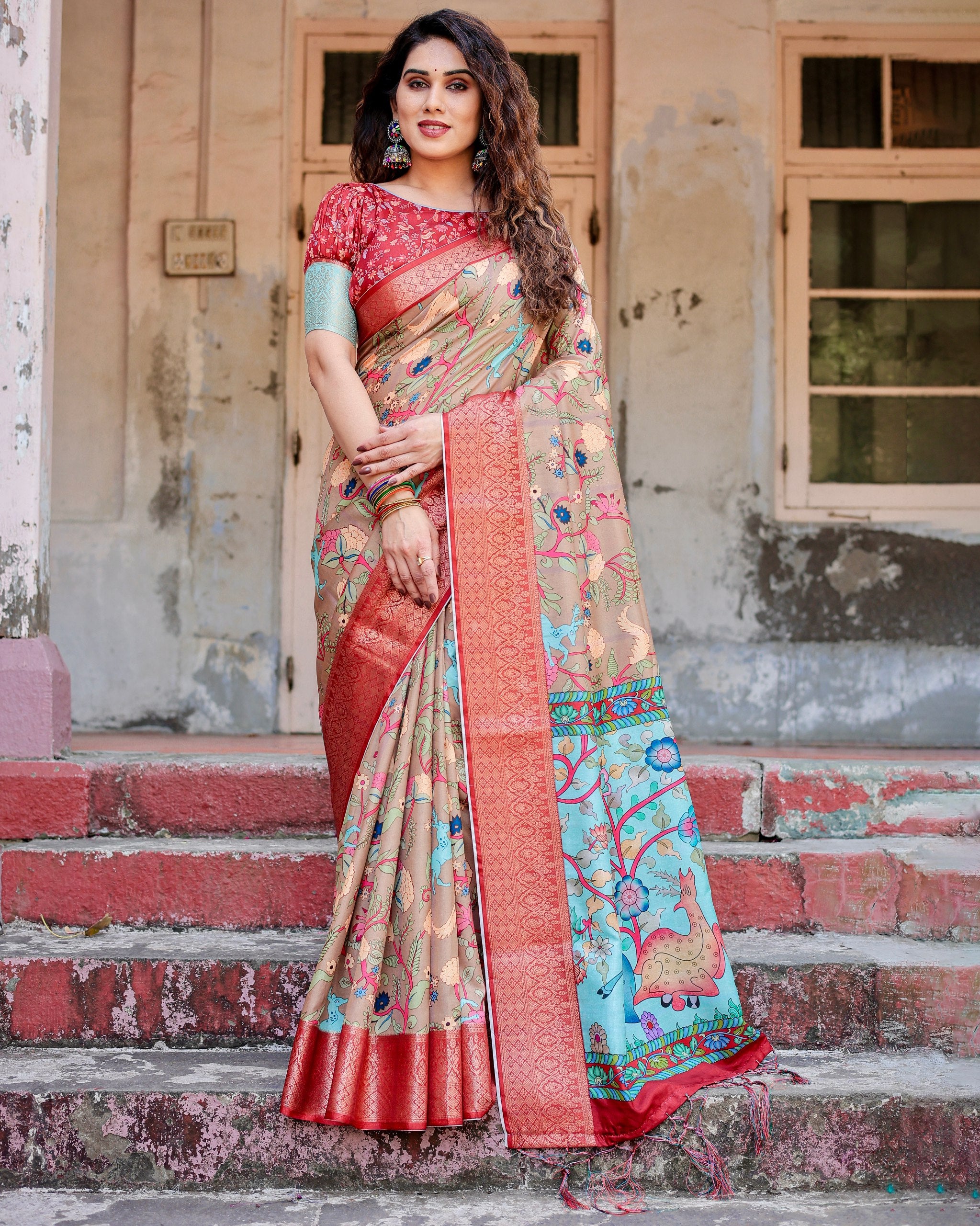 Pure Silk Digital Printed Saree with Brocade Blouse Colorful Saree