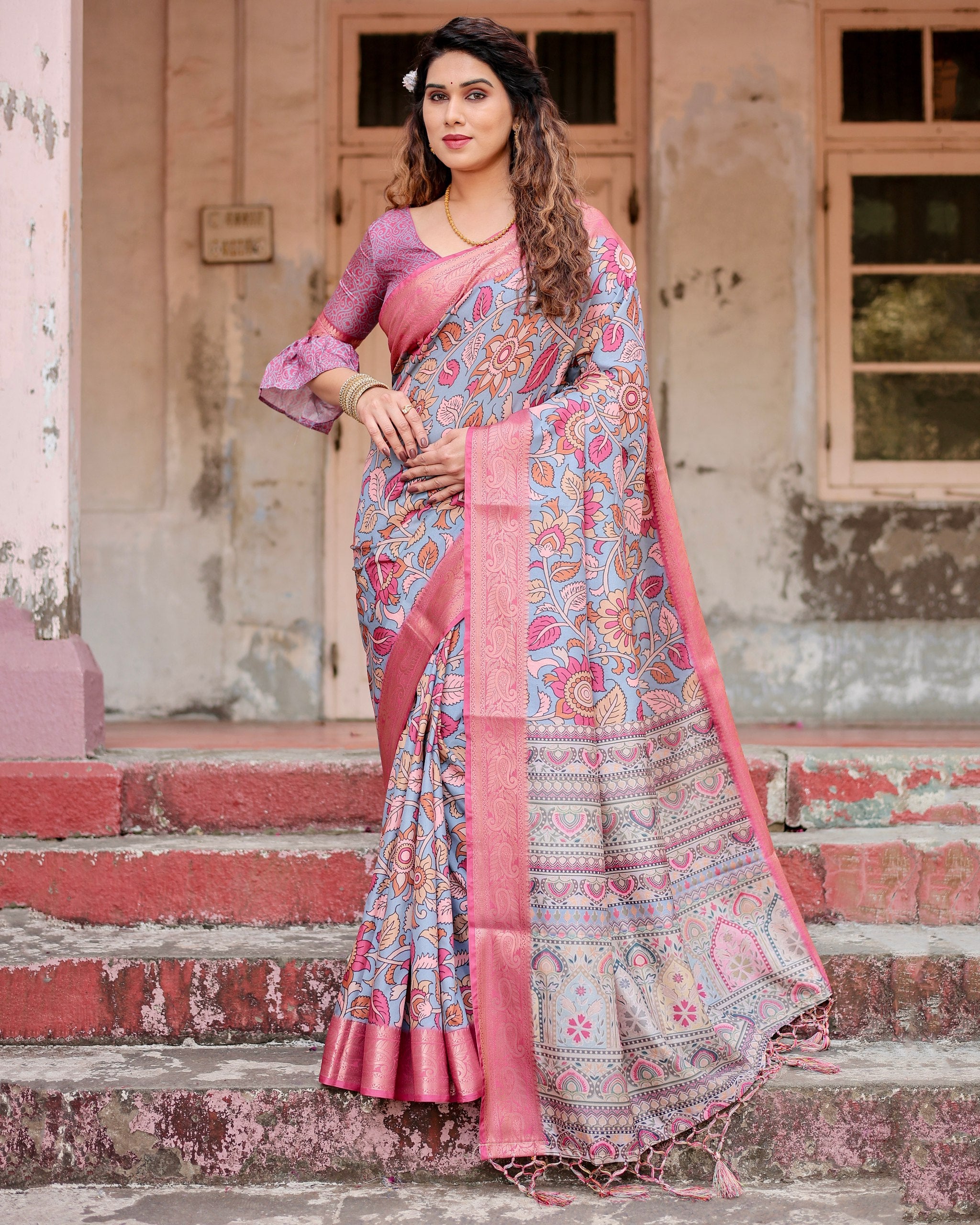 Pure Silk Digital Printed Saree with Brocade Blouse Colorful Saree