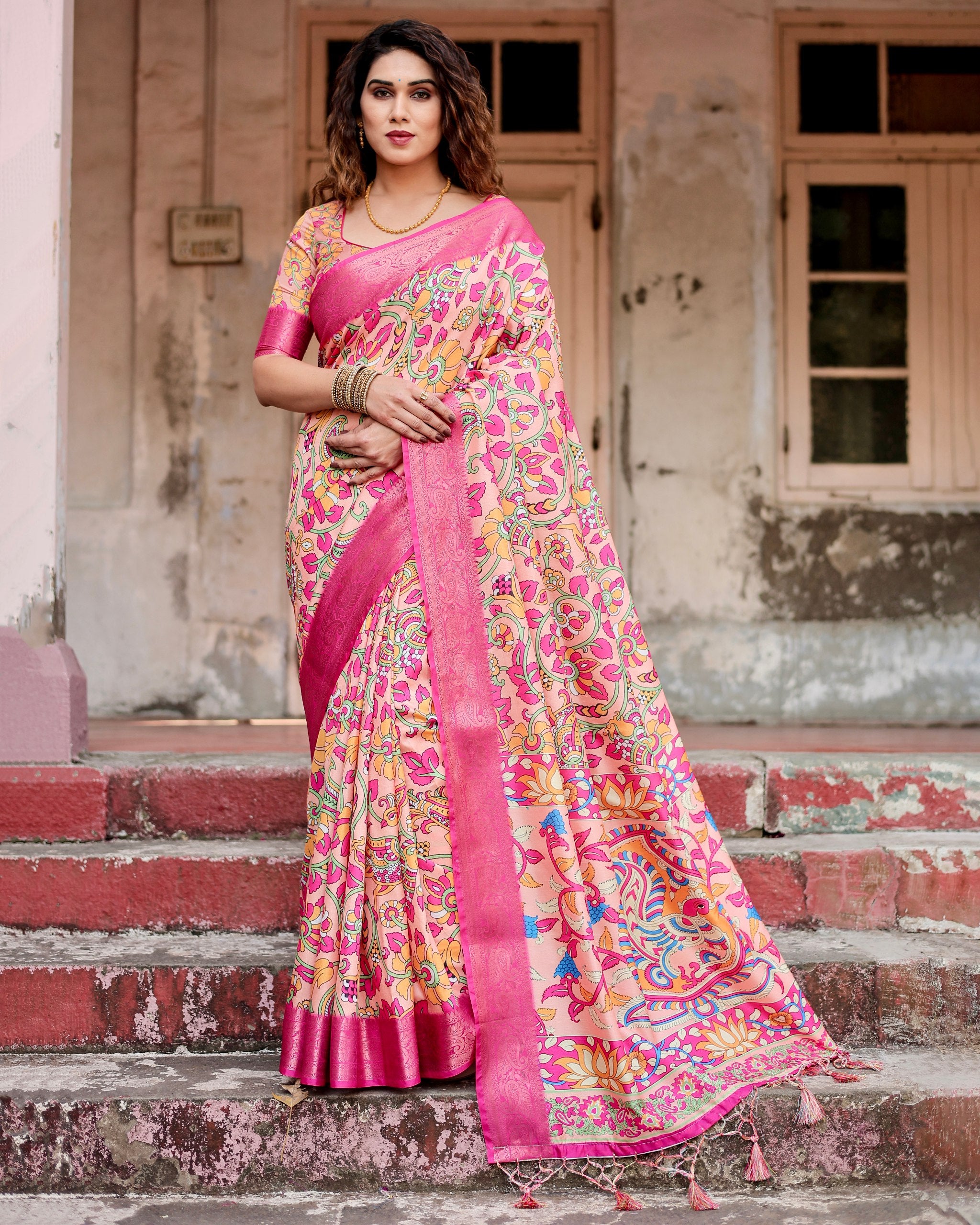 Pure Silk Digital Printed Saree with Brocade Blouse Colorful Saree