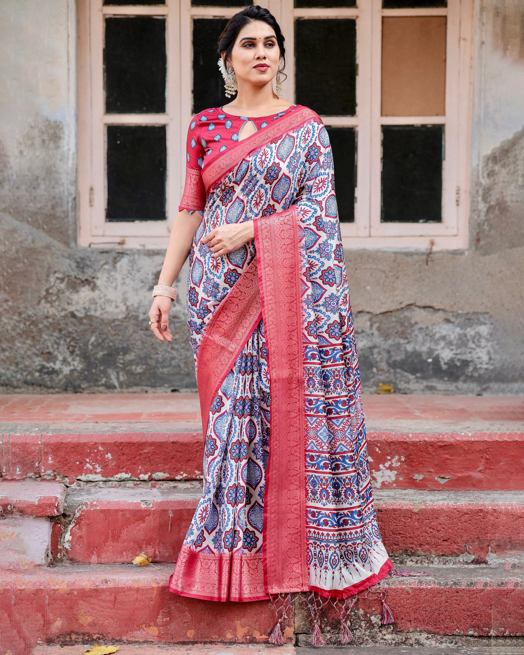 Pure Silk Digital Printed Saree with Brocade Blouse Colorful Saree