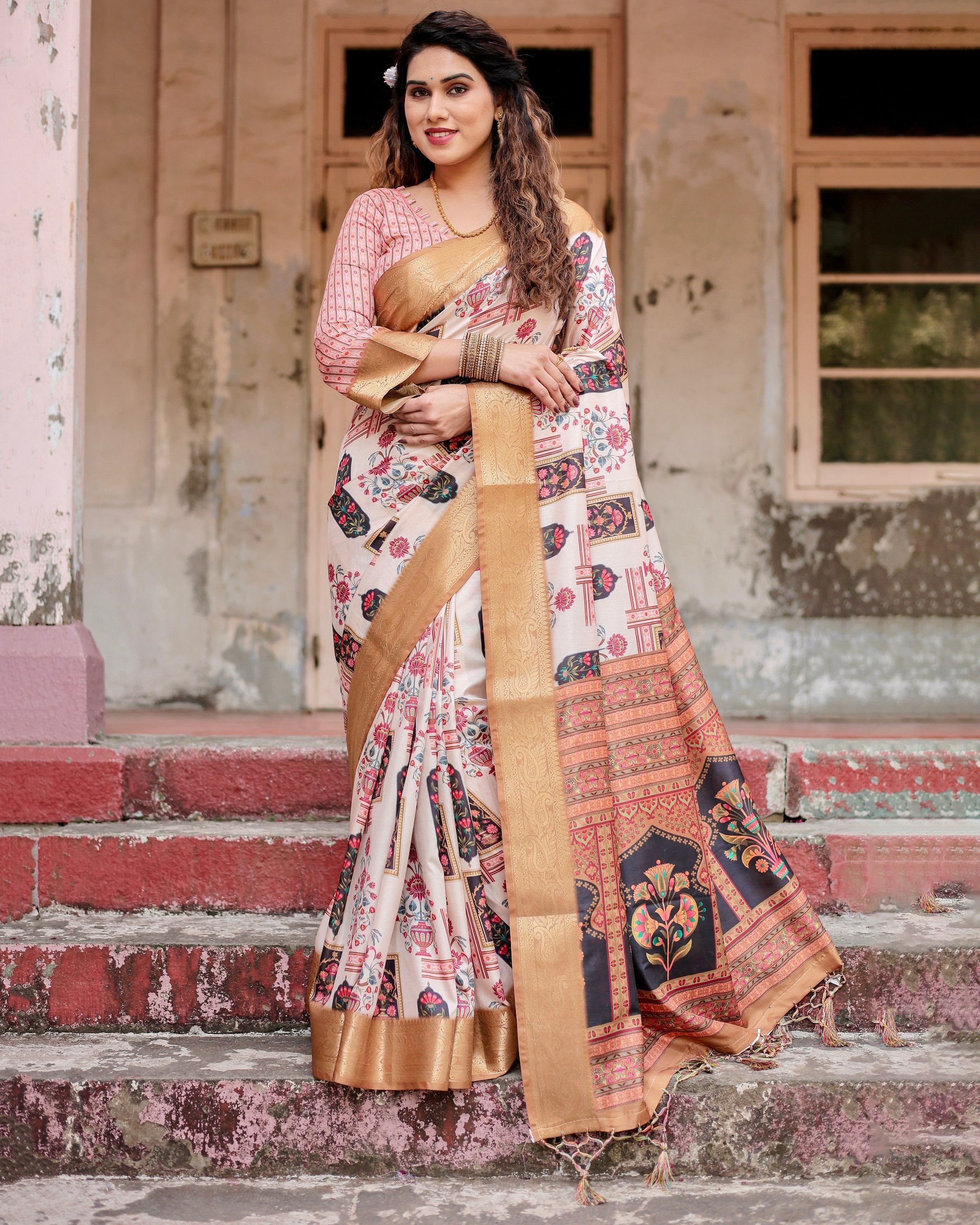 Pure Silk Digital Printed Saree with Brocade Blouse Colorful Saree