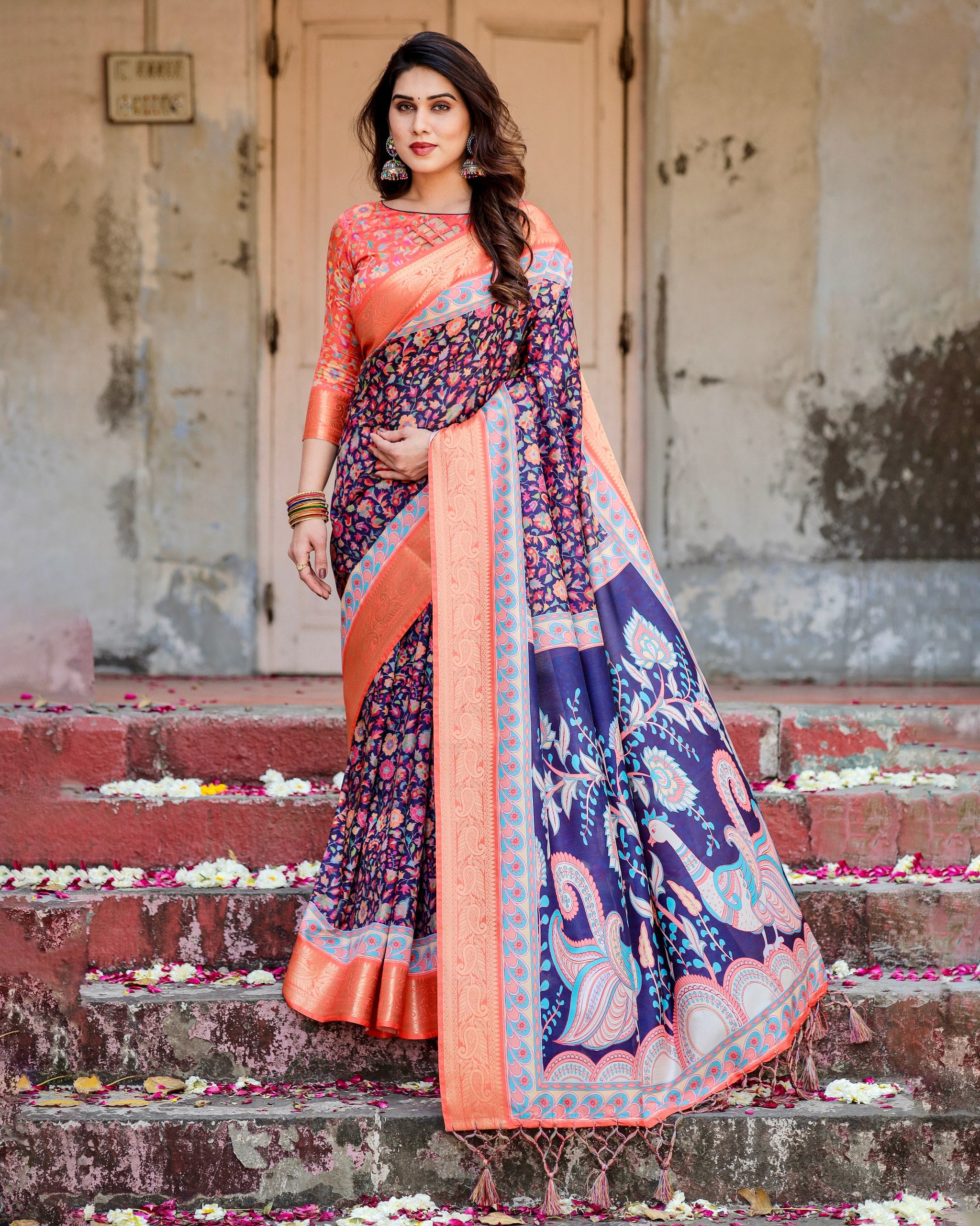 Pure Silk Digital Printed Saree with Brocade Blouse and Enchanting Tassels Colorful Saree