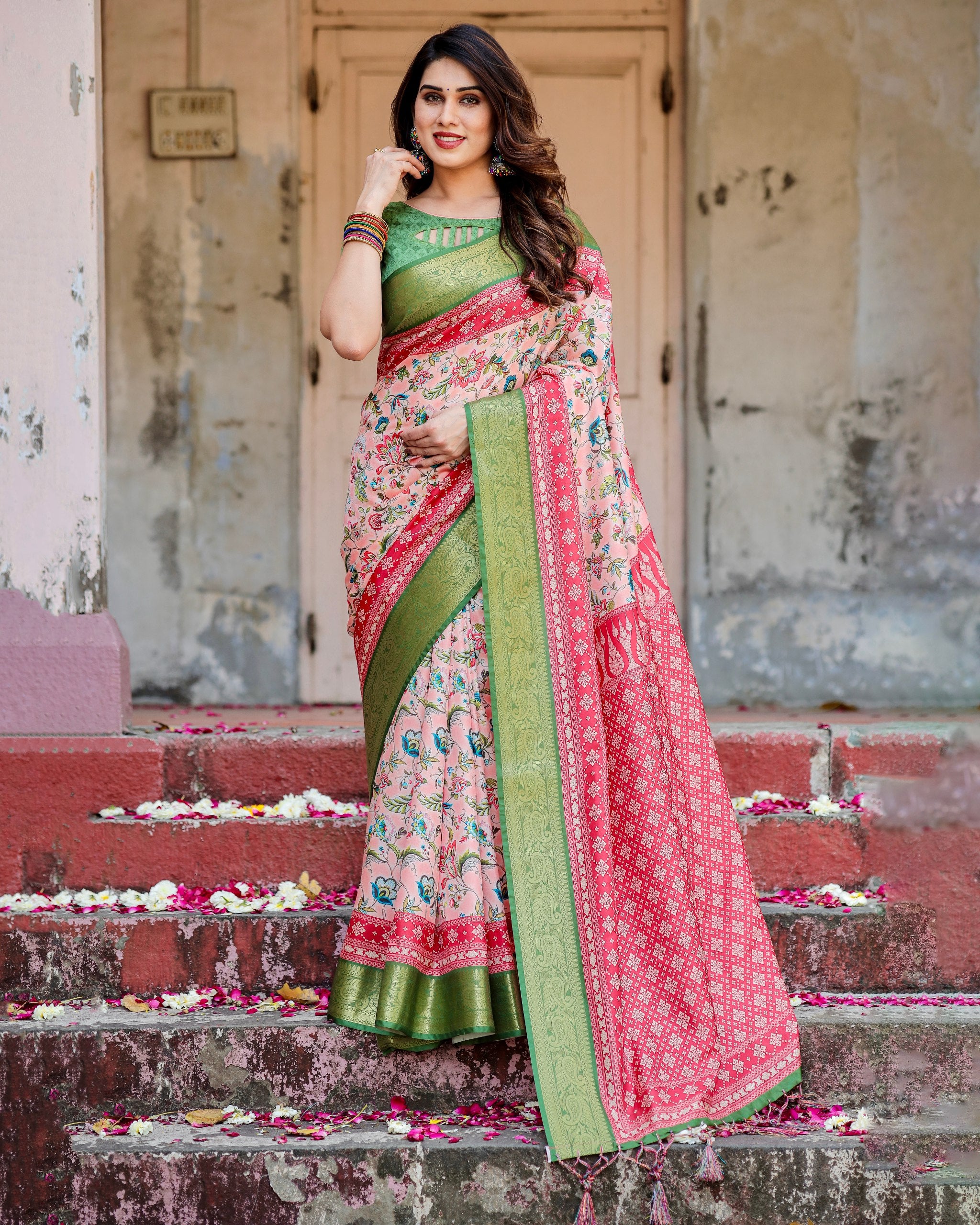 Pure Silk Digital Printed Saree with Brocade Blouse Colorful Saree