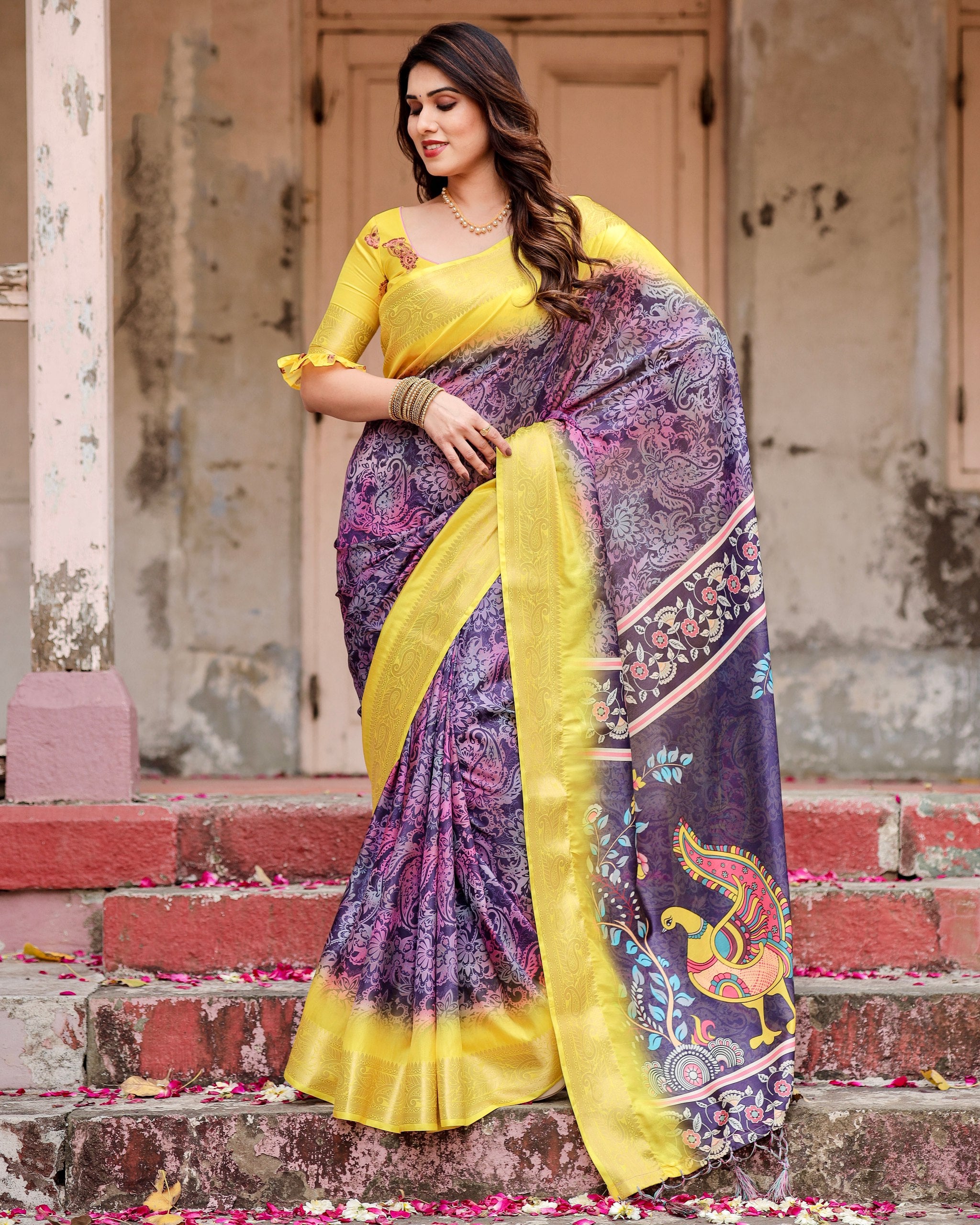 Pure Silk Digital Printed Saree with Brocade Blouse Colorful Saree