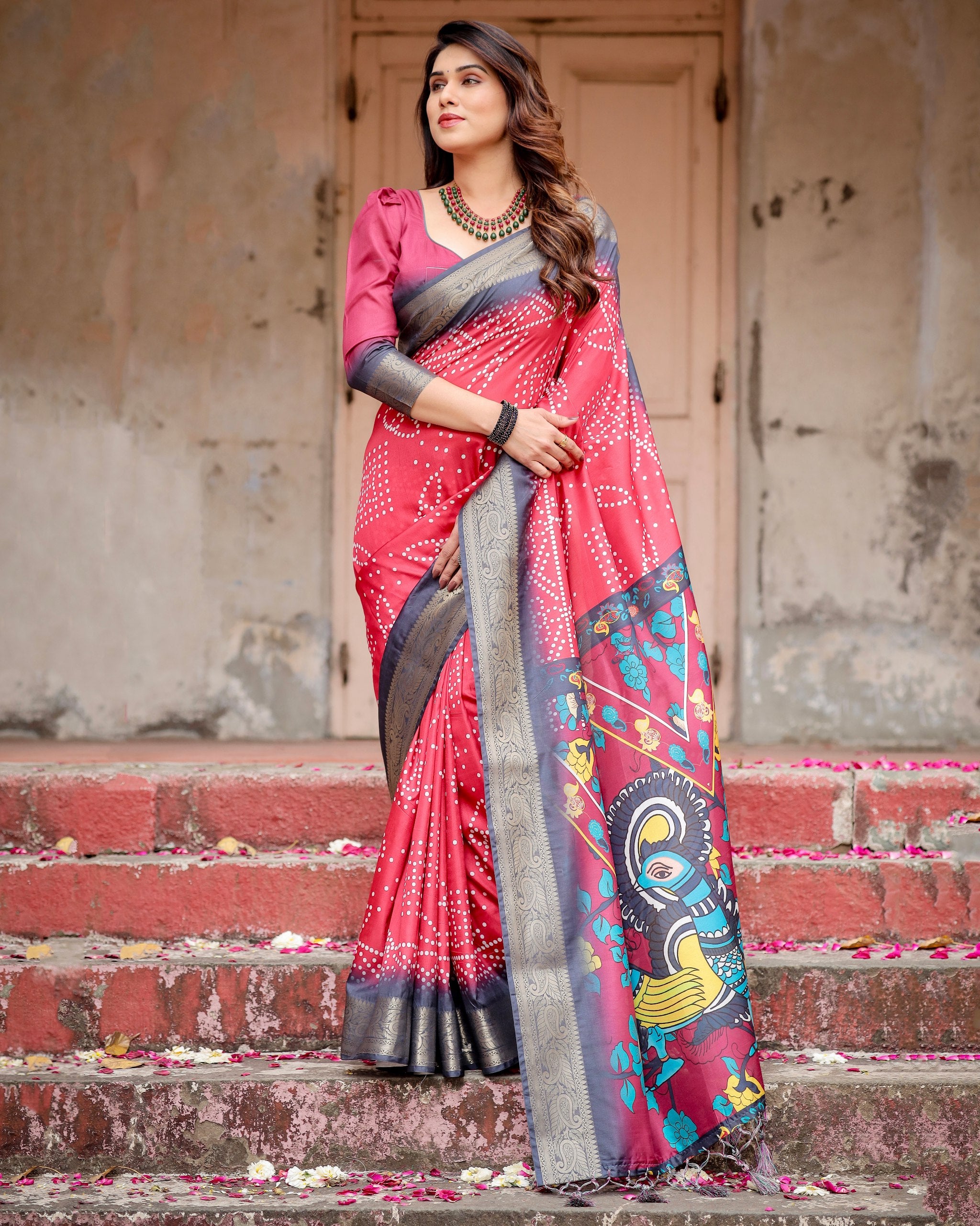 Pure Silk Digital Printed Saree with Brocade Blouse Colorful Saree