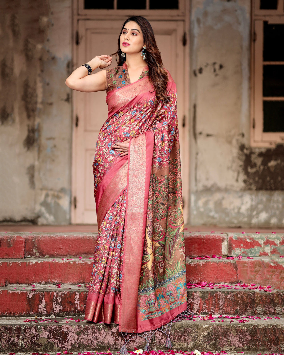 Pure Silk Digital Printed Saree with Brocade Blouse Colorful Saree