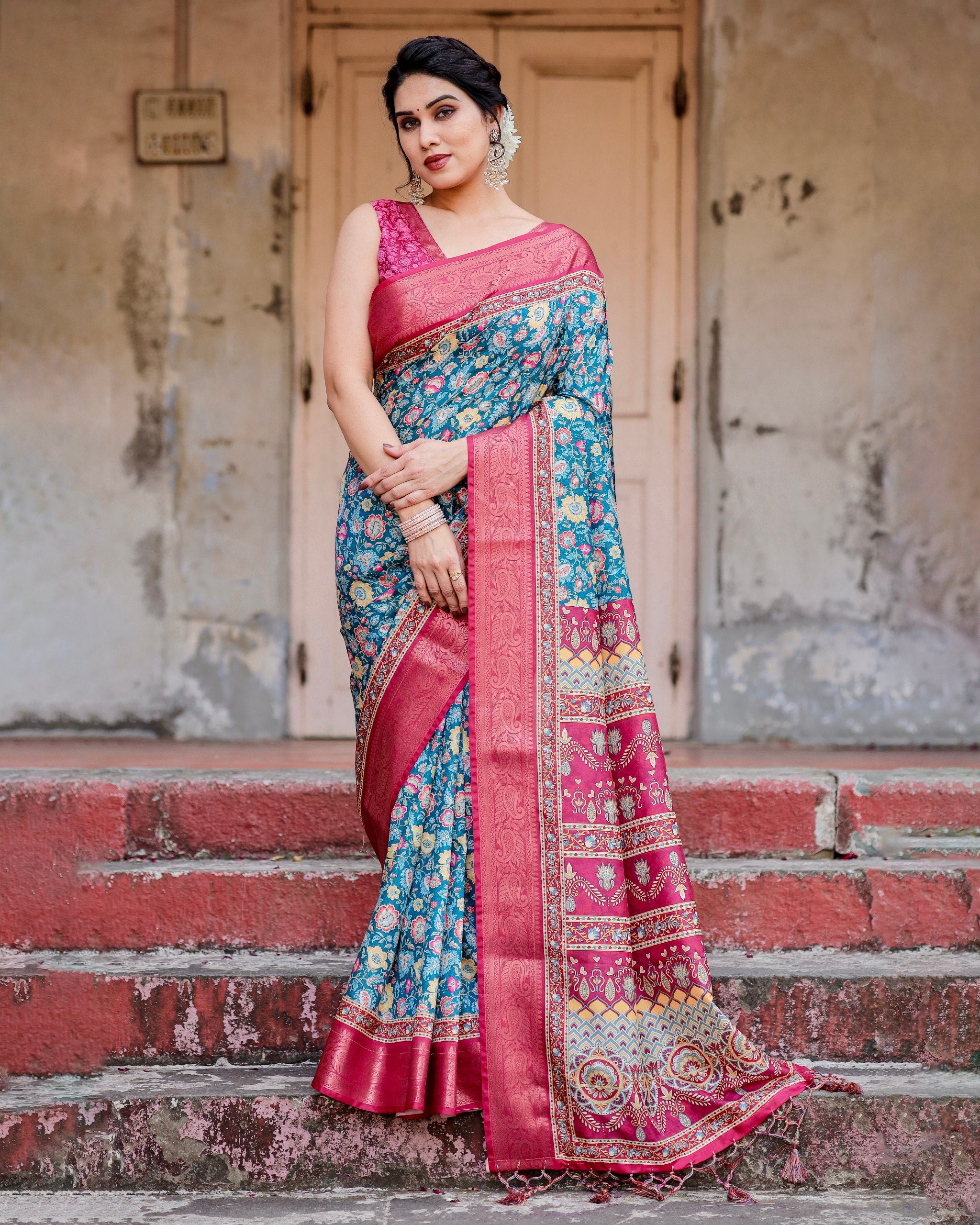 Pure Silk Digital Printed Saree with Brocade Blouse Colorful Saree