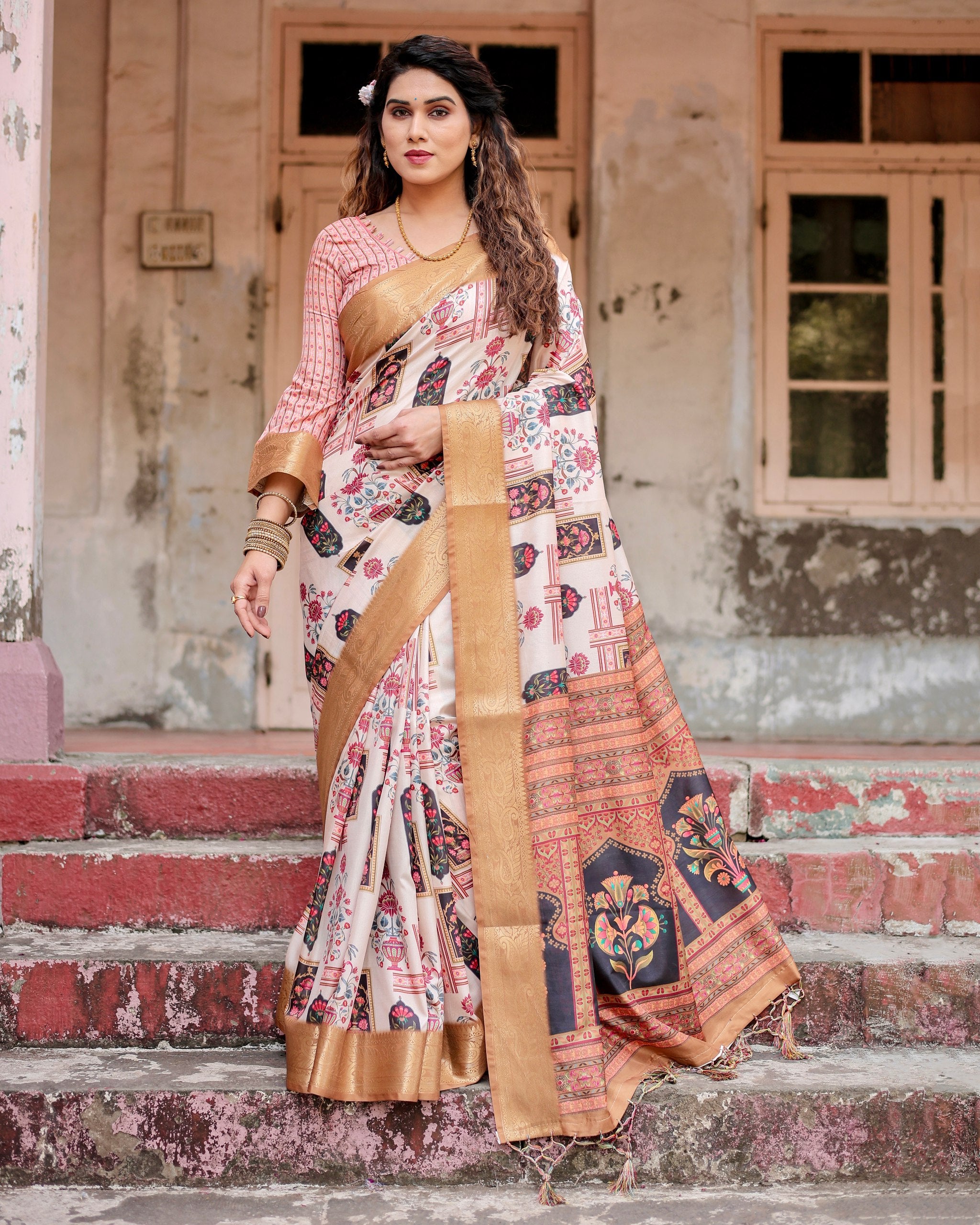 Pure Silk Digital Printed Saree with Brocade Blouse Colorful Saree