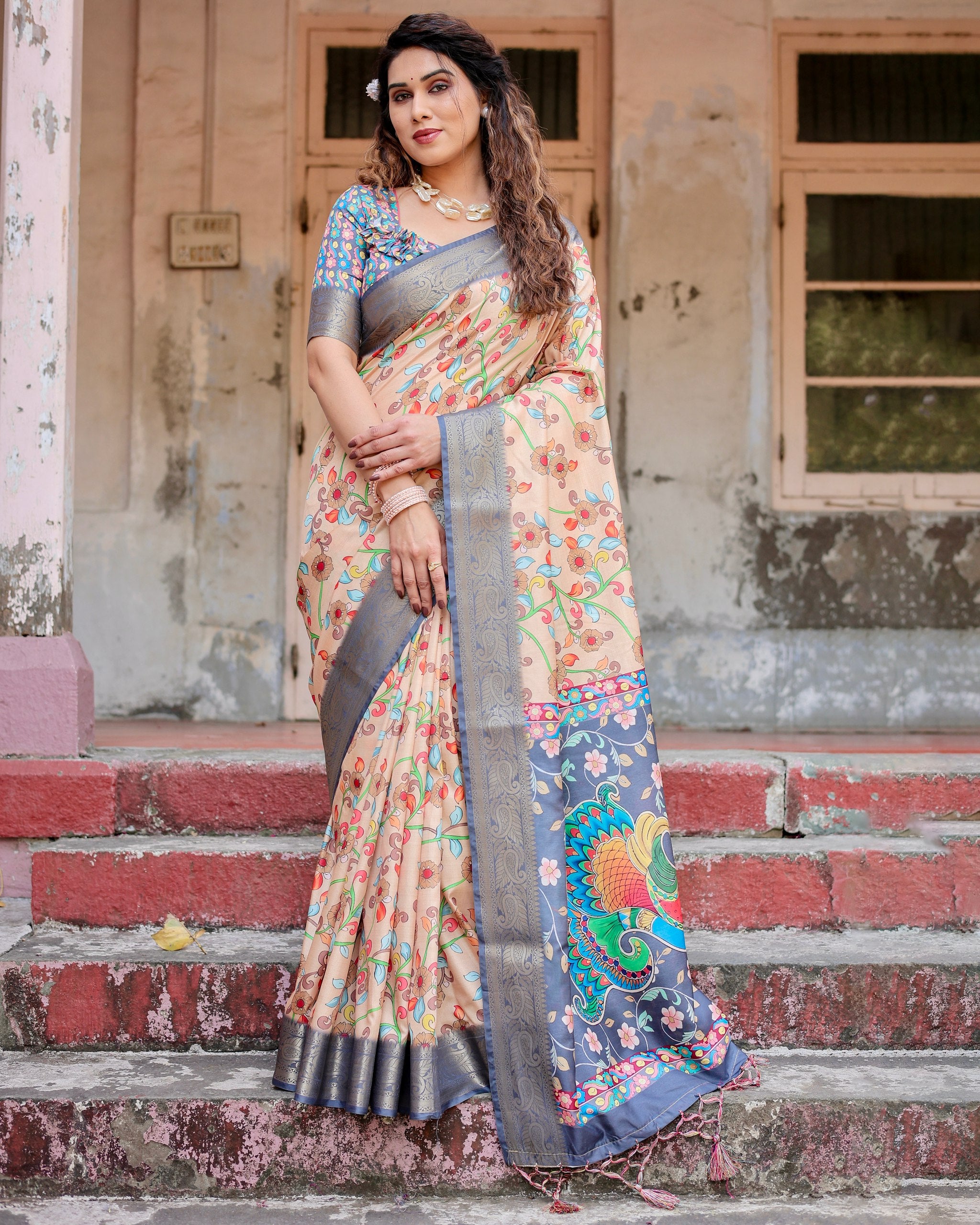 Pure Silk Digital Printed Saree with Brocade Blouse Colorful Saree