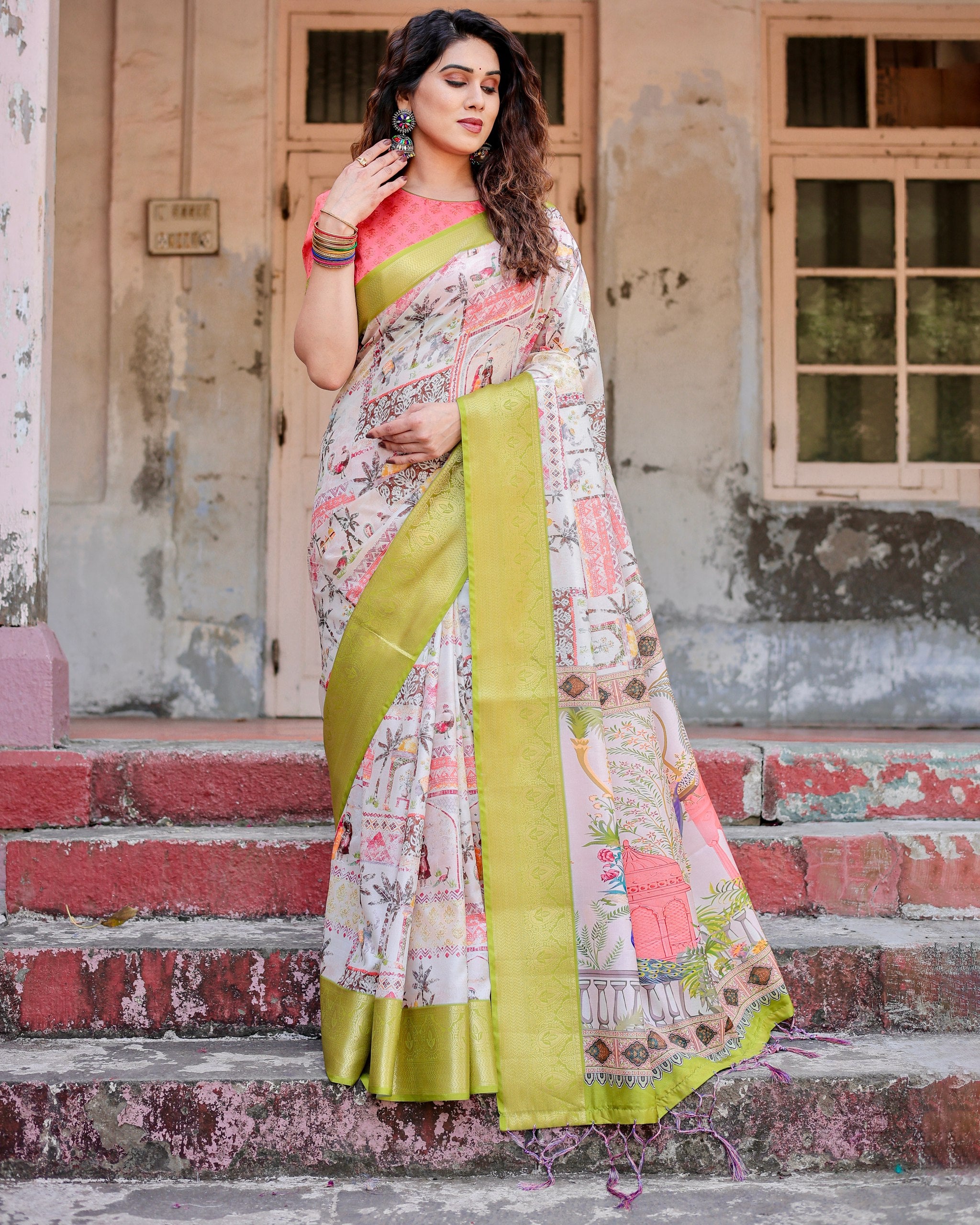 Pure Silk Digital Printed Saree with Brocade Blouse Colorful Saree