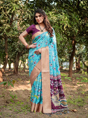 Pure Silk Digital Printed Saree with Brocade Blouse Colorful Saree