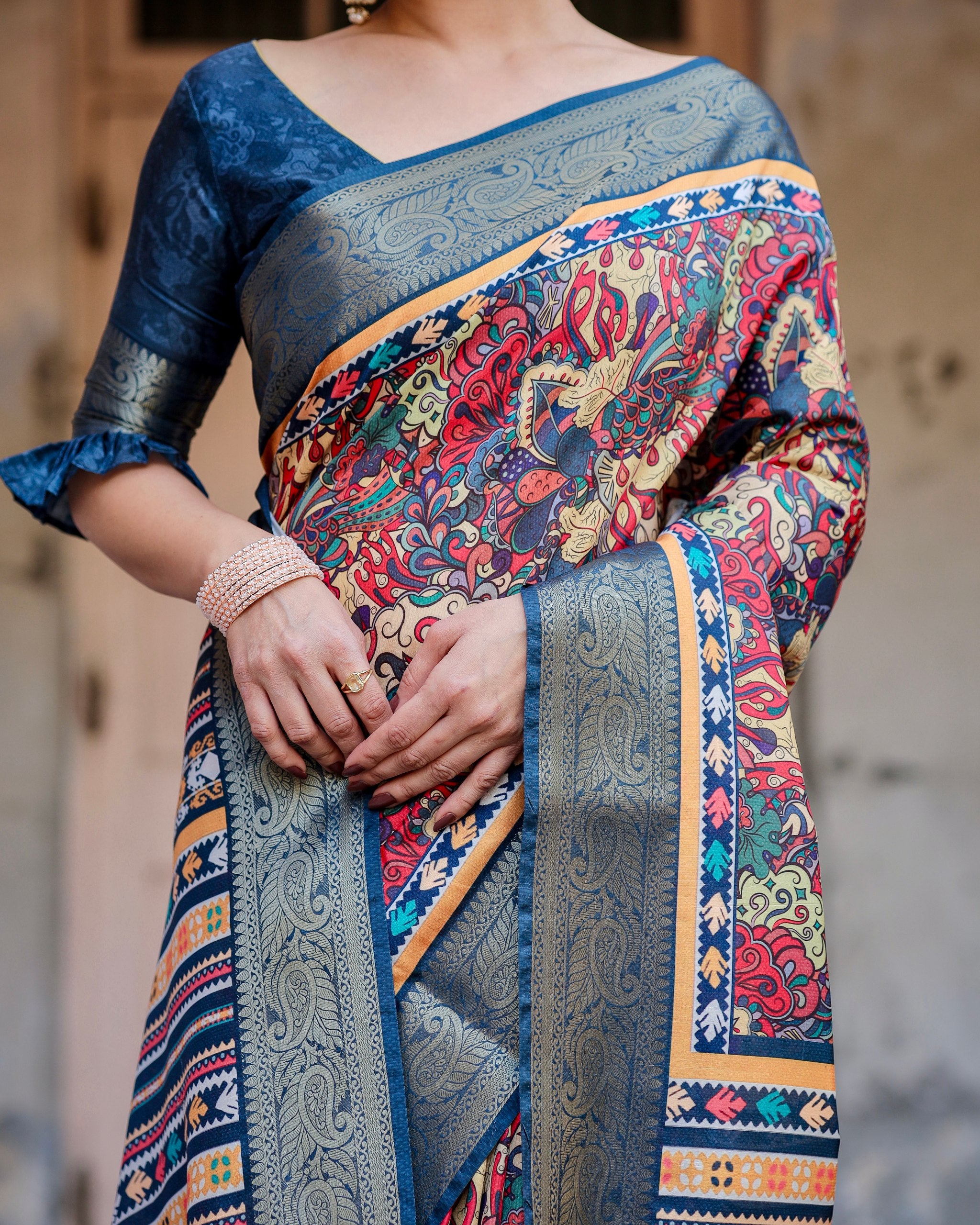 Pure Silk Digital Printed Saree with Brocade Blouse Colorful Saree