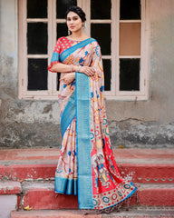 Pure Silk Digital Printed Saree with Brocade Blouse and Enchanting Tassels Colorful Saree