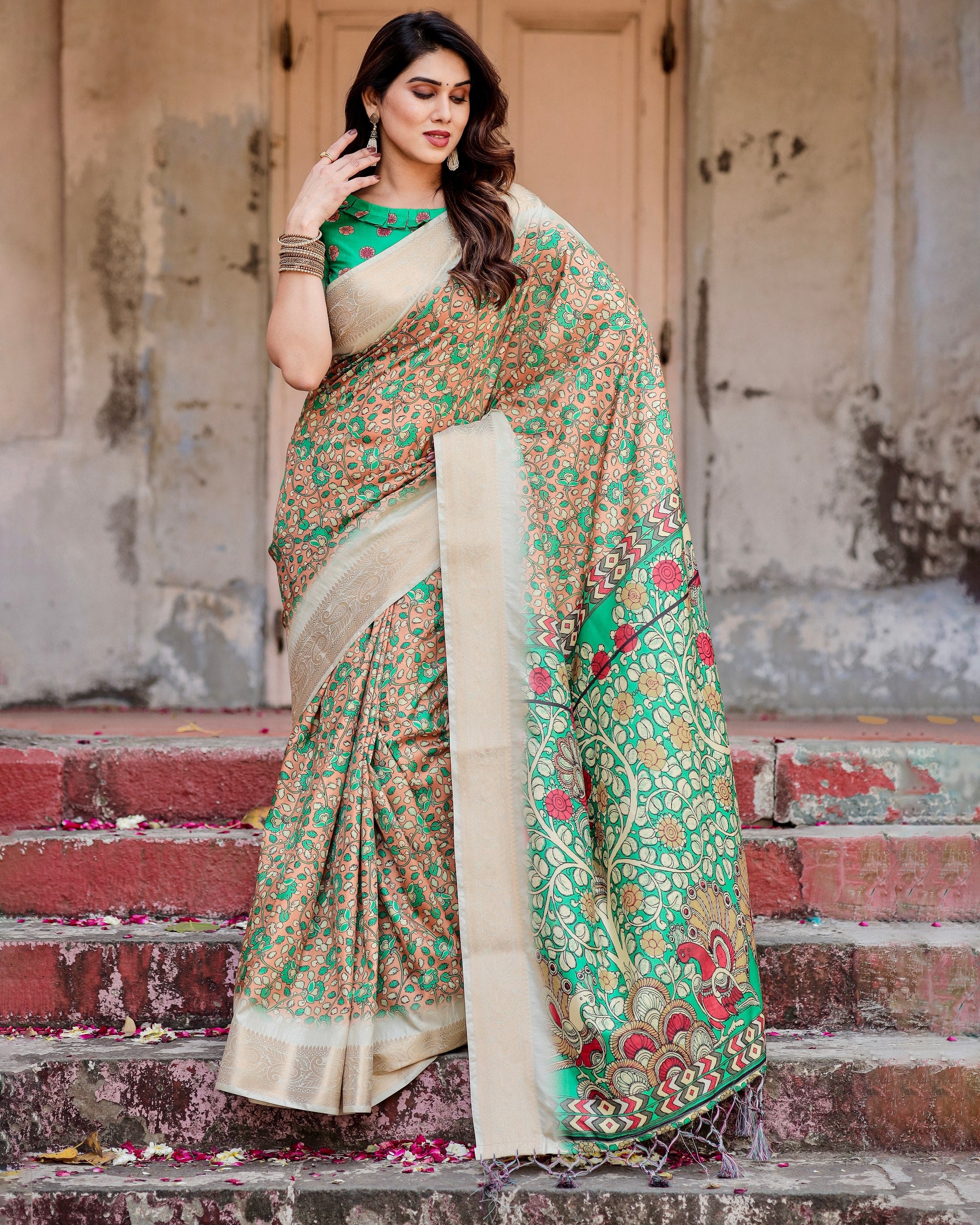 Pure Silk Digital Printed Saree with Brocade Blouse Colorful Saree