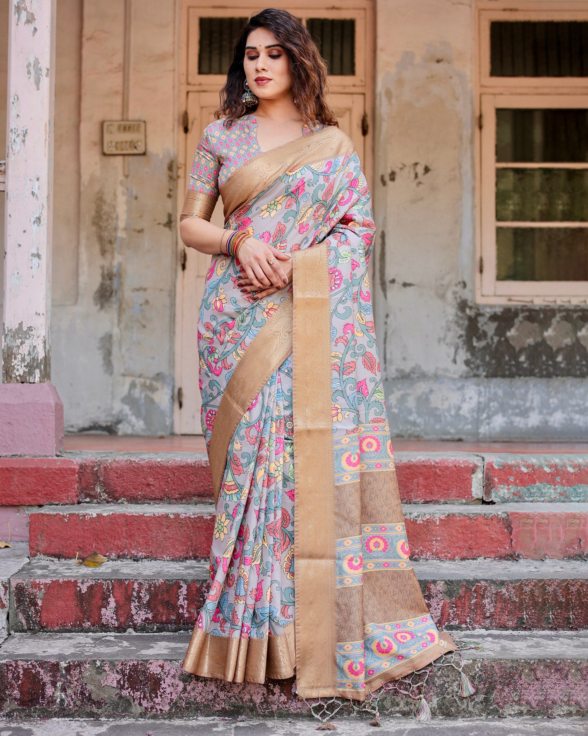 Pure Silk Digital Printed Saree with Brocade Blouse Colorful Saree