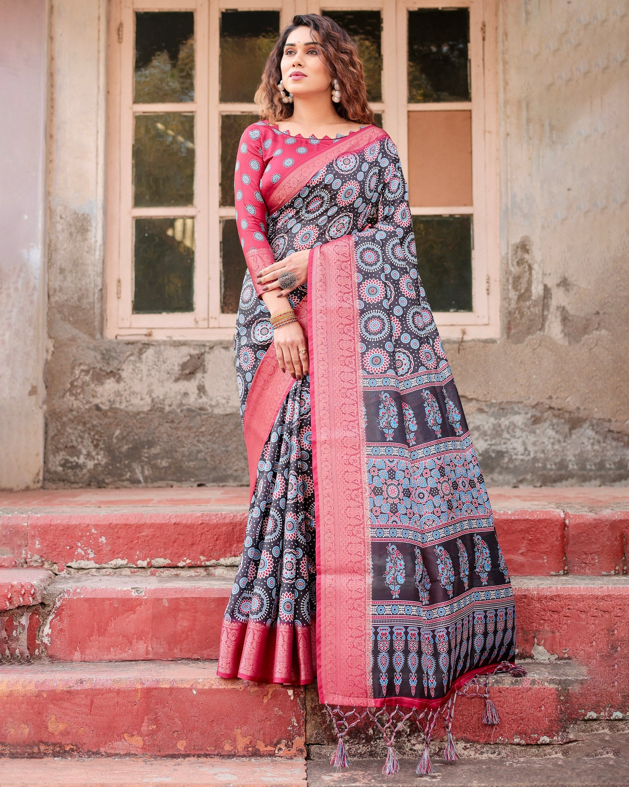 Pure Silk Digital Printed Saree with Brocade Blouse Colorful Saree