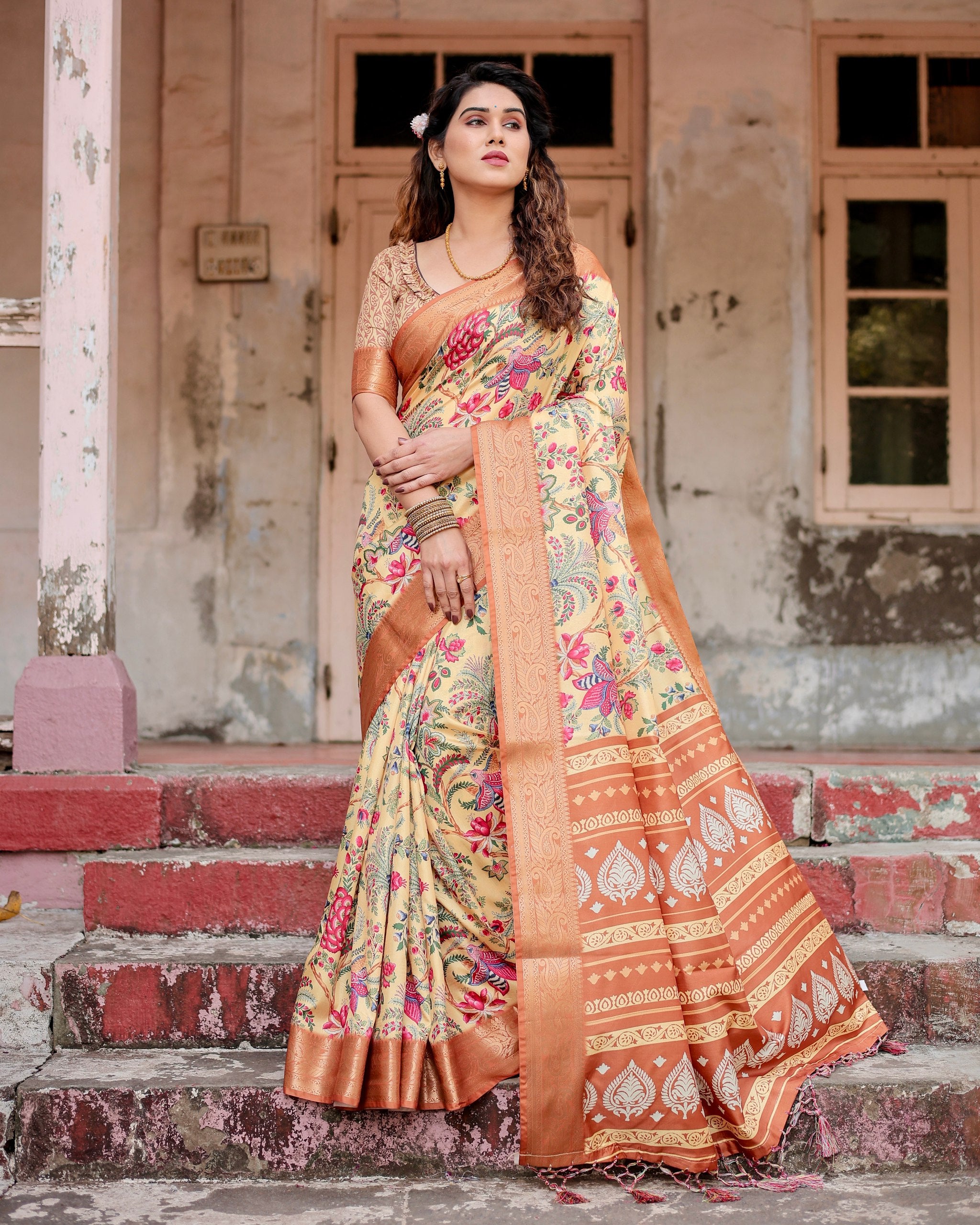 Pure Silk Digital Printed Saree with Brocade Blouse Colorful Saree