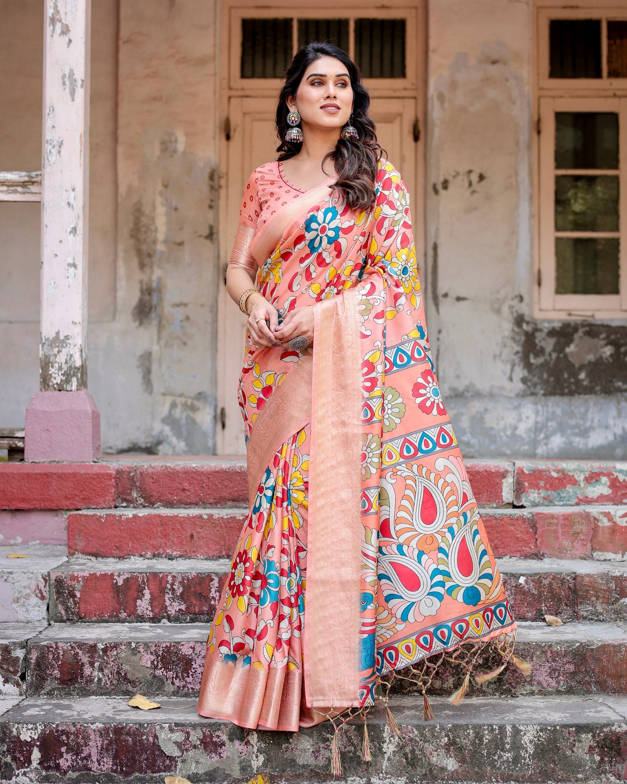 Pure Silk Digital Printed Saree with Brocade Blouse Colorful Saree