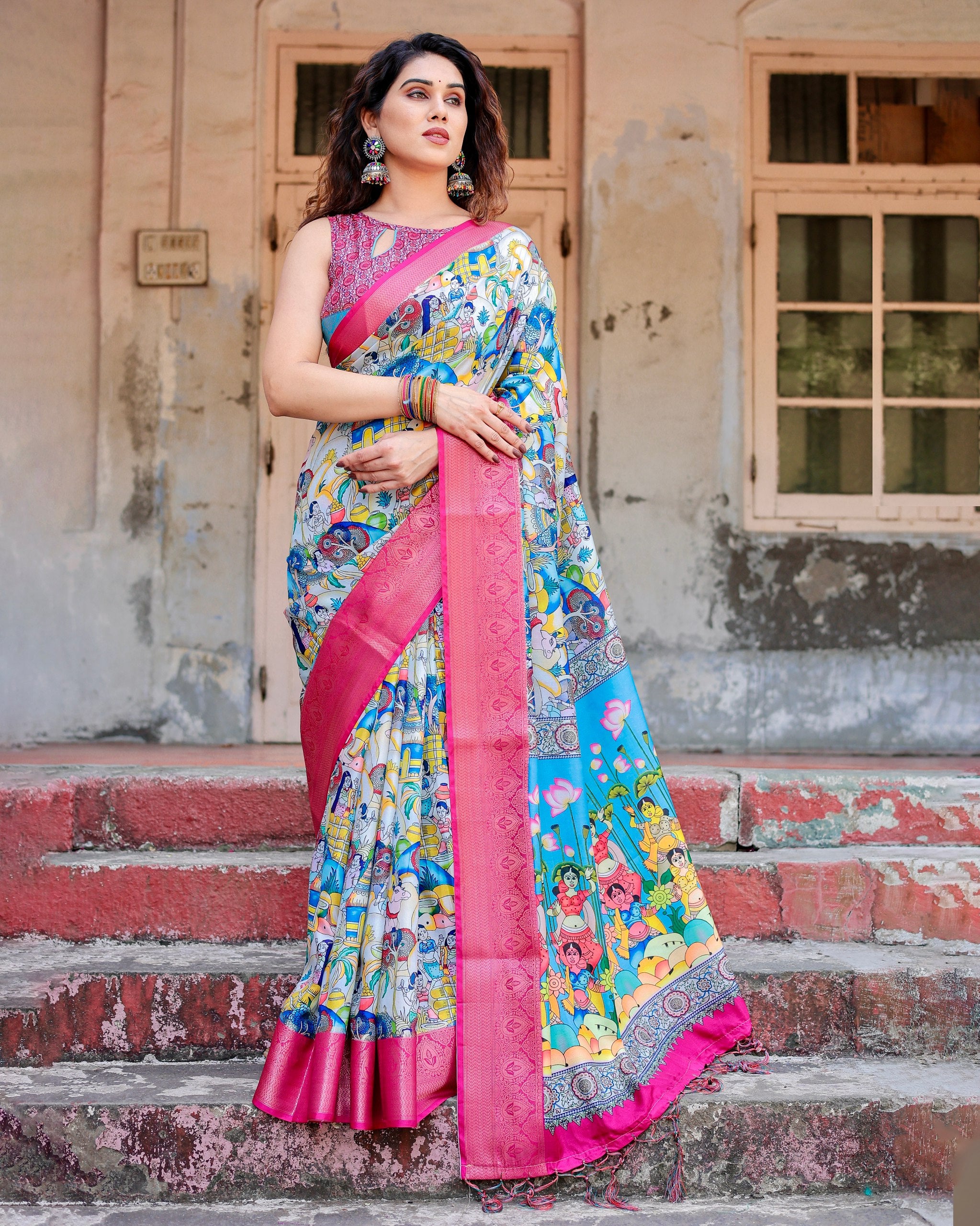 Pure Silk Digital Printed Saree with Brocade Blouse Colorful Saree