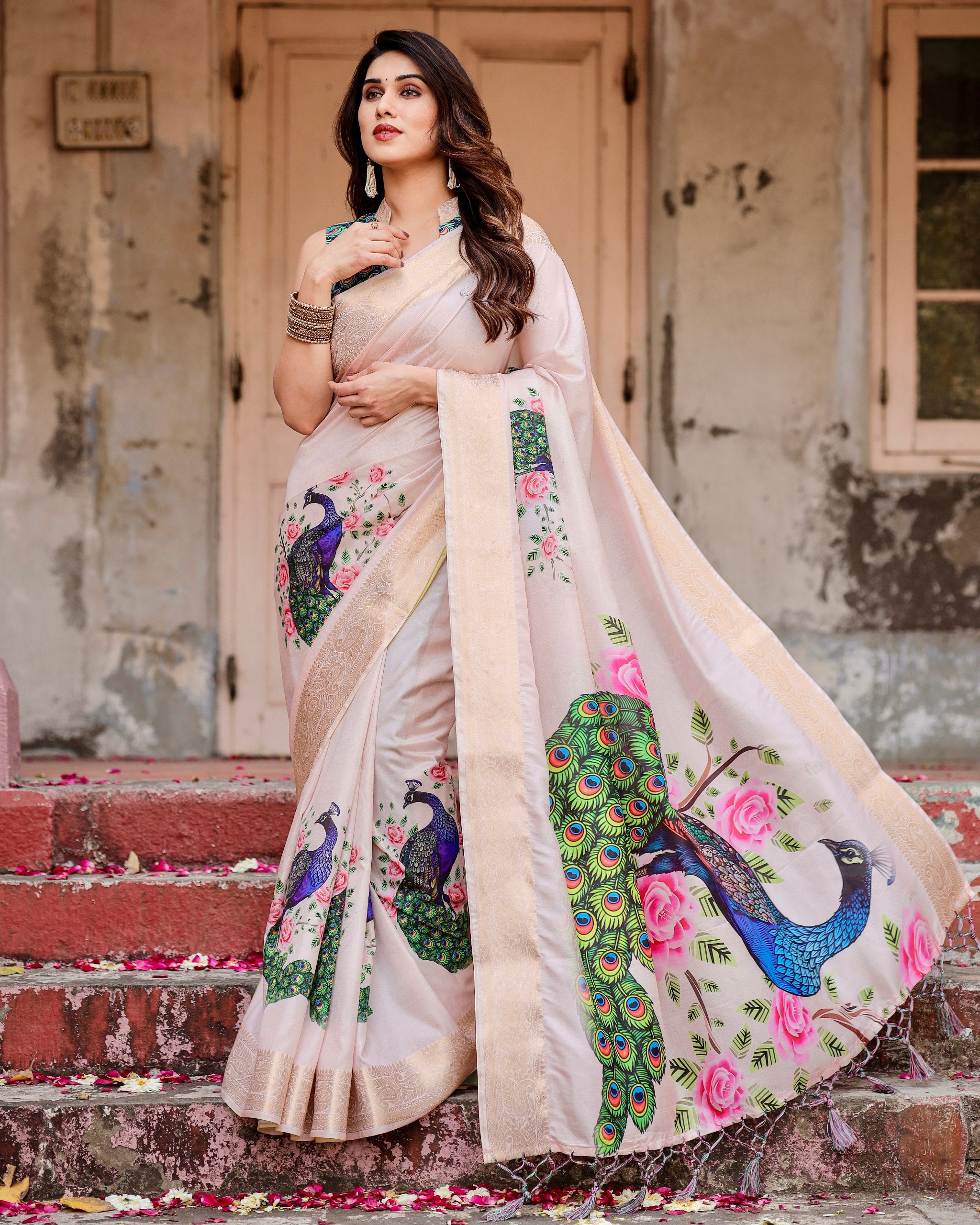 Pure Silk Digital Printed Saree with Brocade Blouse Colorful Saree