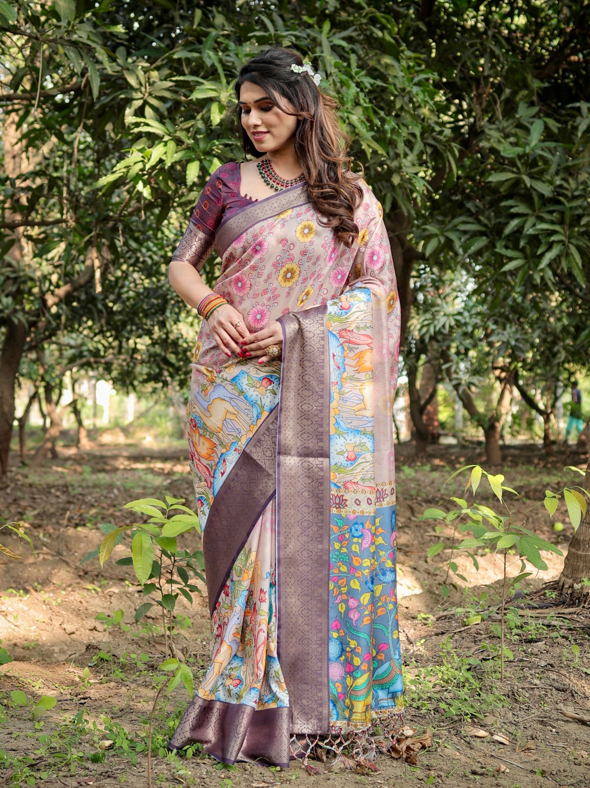 Pure Silk Digital Printed Saree with Brocade Blouse Colorful Saree