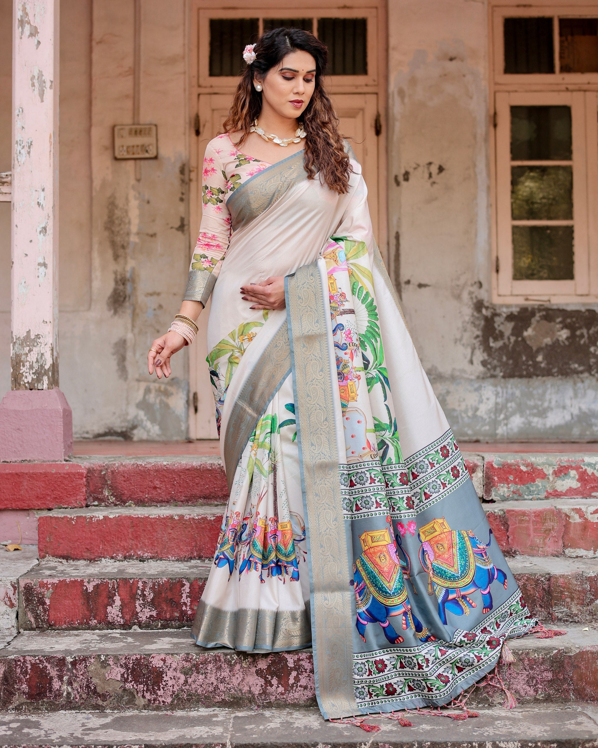 Pure Silk Digital Printed Saree with Brocade Blouse Colorful Saree