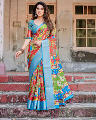 Pure Silk Digital Printed Saree with Brocade Blouse Colorful Saree