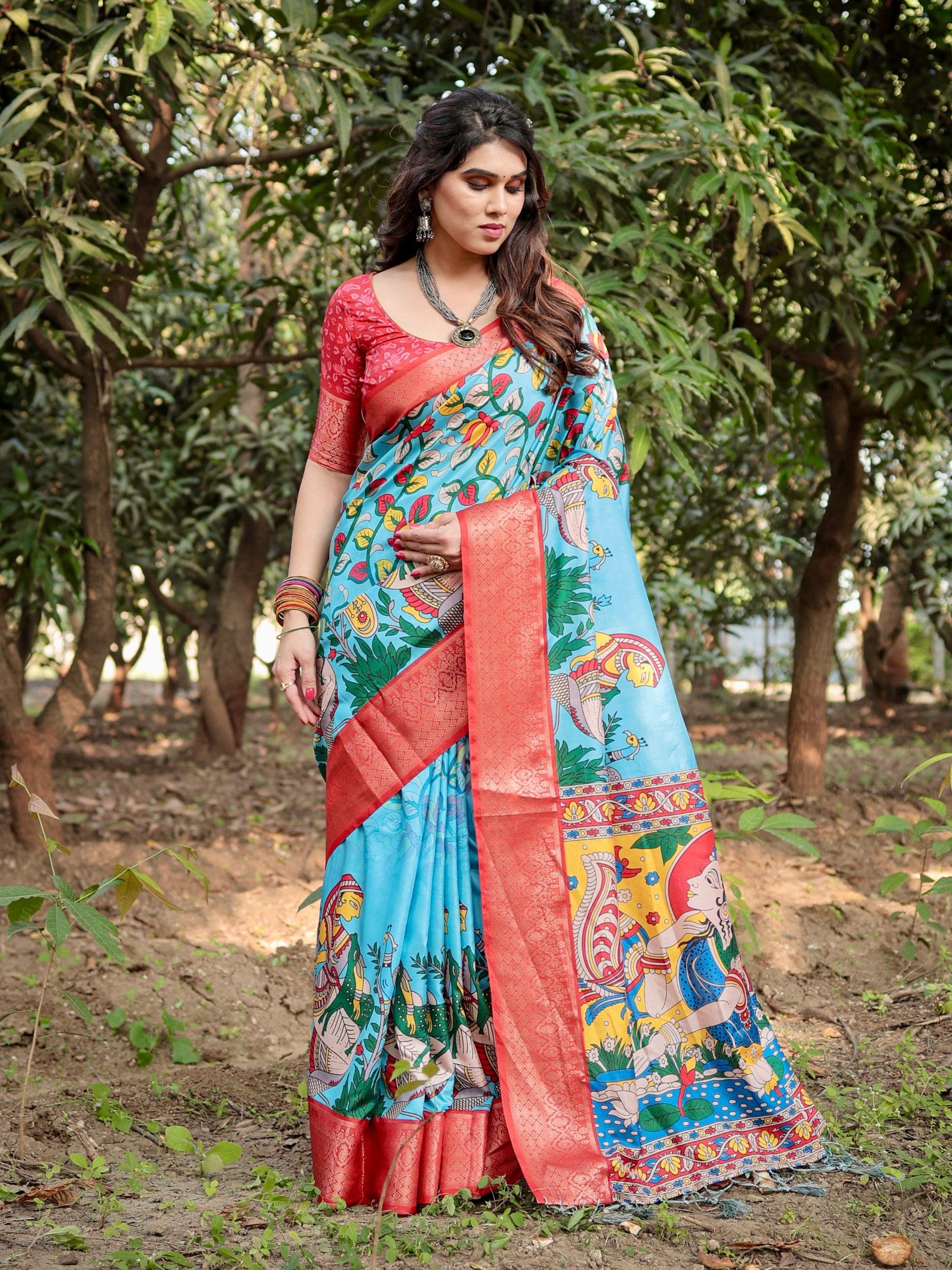 Pure Silk Digital Printed Saree with Brocade Blouse Colorful Saree