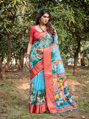 Pure Silk Digital Printed Saree with Brocade Blouse Colorful Saree