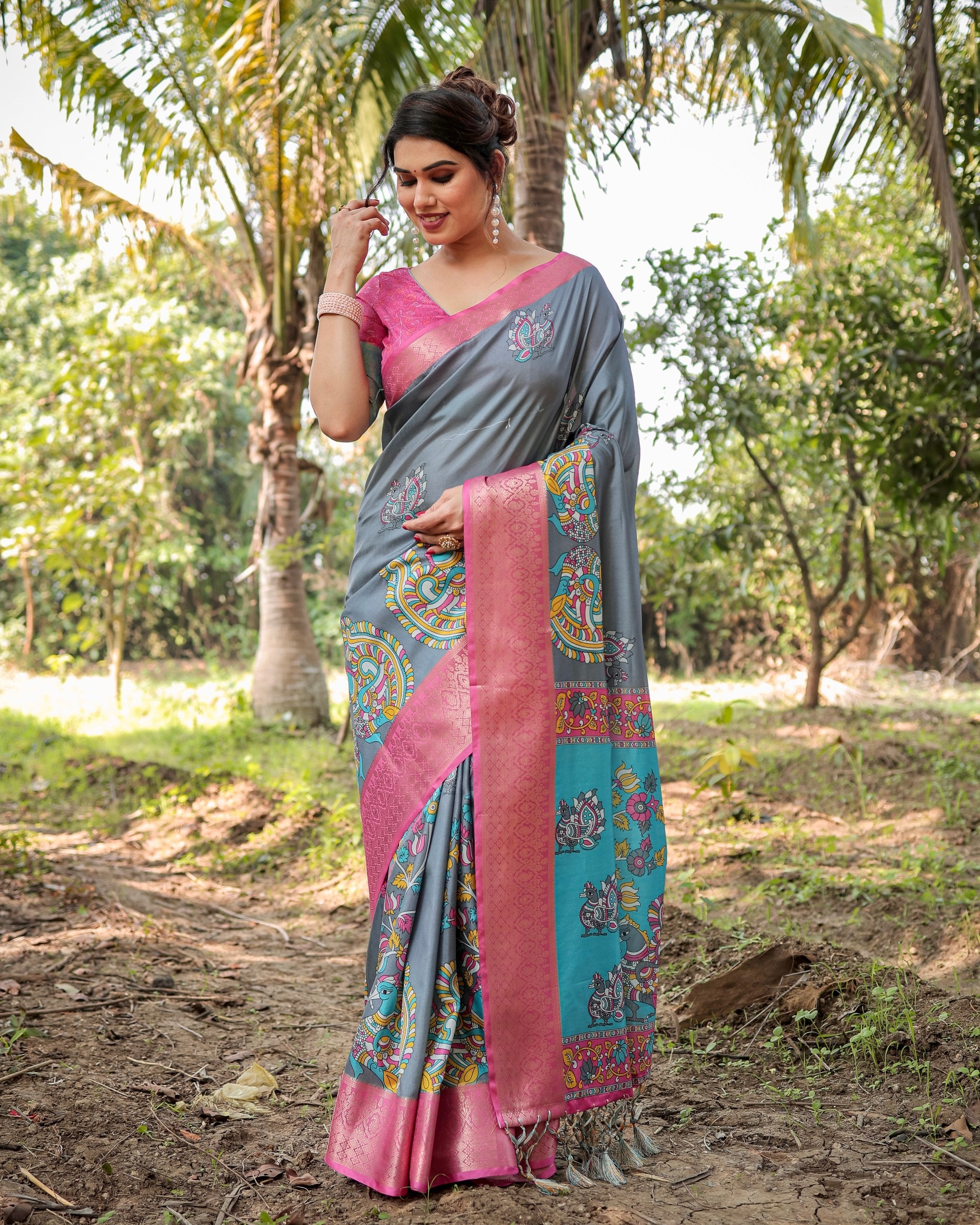 Pure Silk Digital Printed Saree with Brocade Blouse Colorful Saree