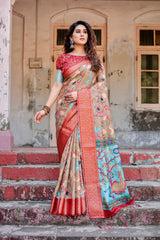 Pure Silk Digital Printed Saree with Brocade Blouse Colorful Saree