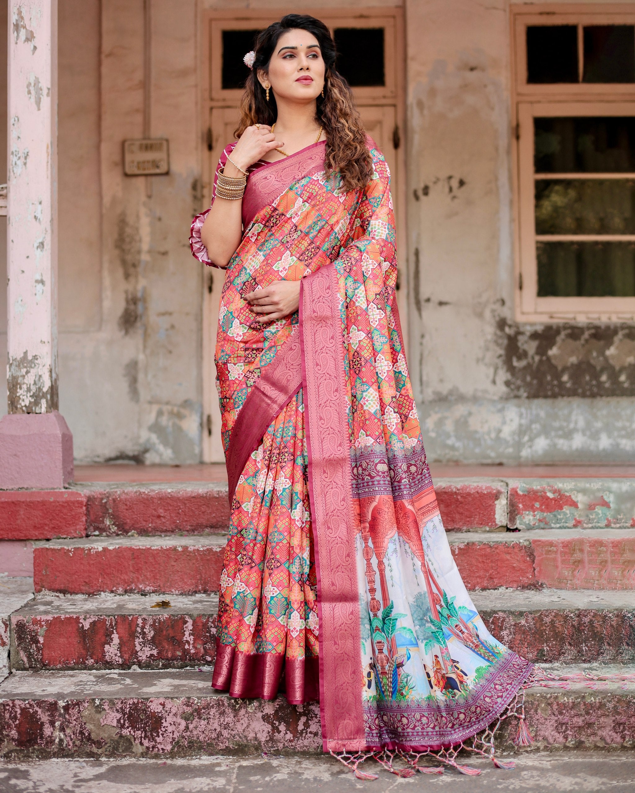 Pure Silk Digital Printed Saree with Brocade Blouse Colorful Saree