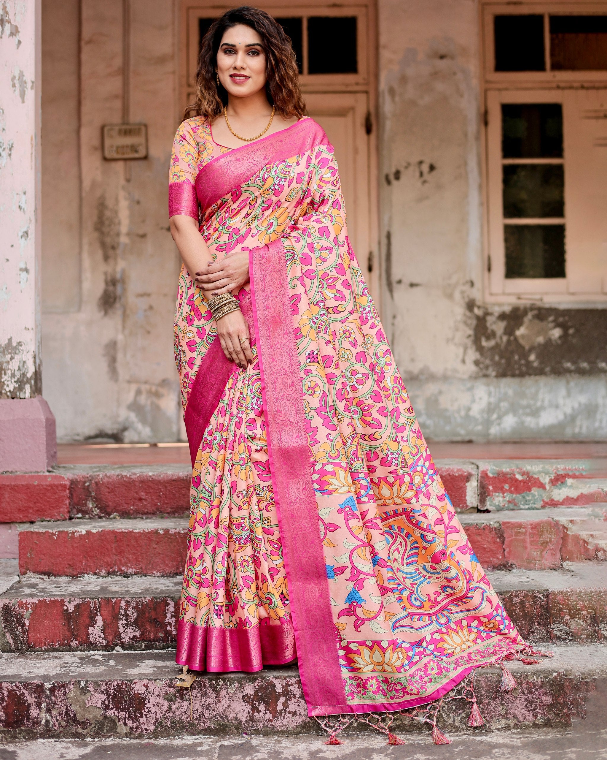 Pure Silk Digital Printed Saree with Brocade Blouse Colorful Saree