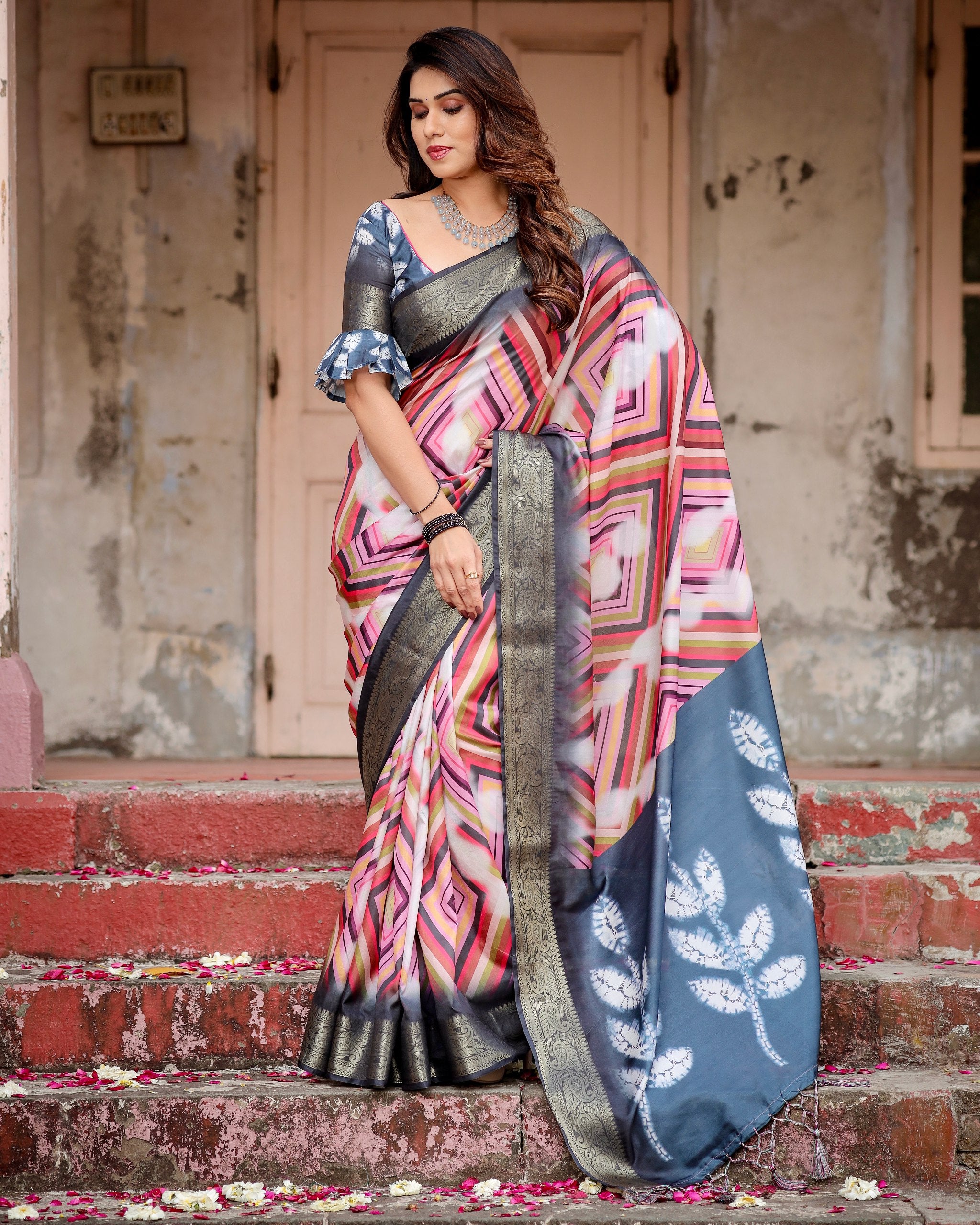 Pure Silk Digital Printed Saree with Brocade Blouse Colorful Saree