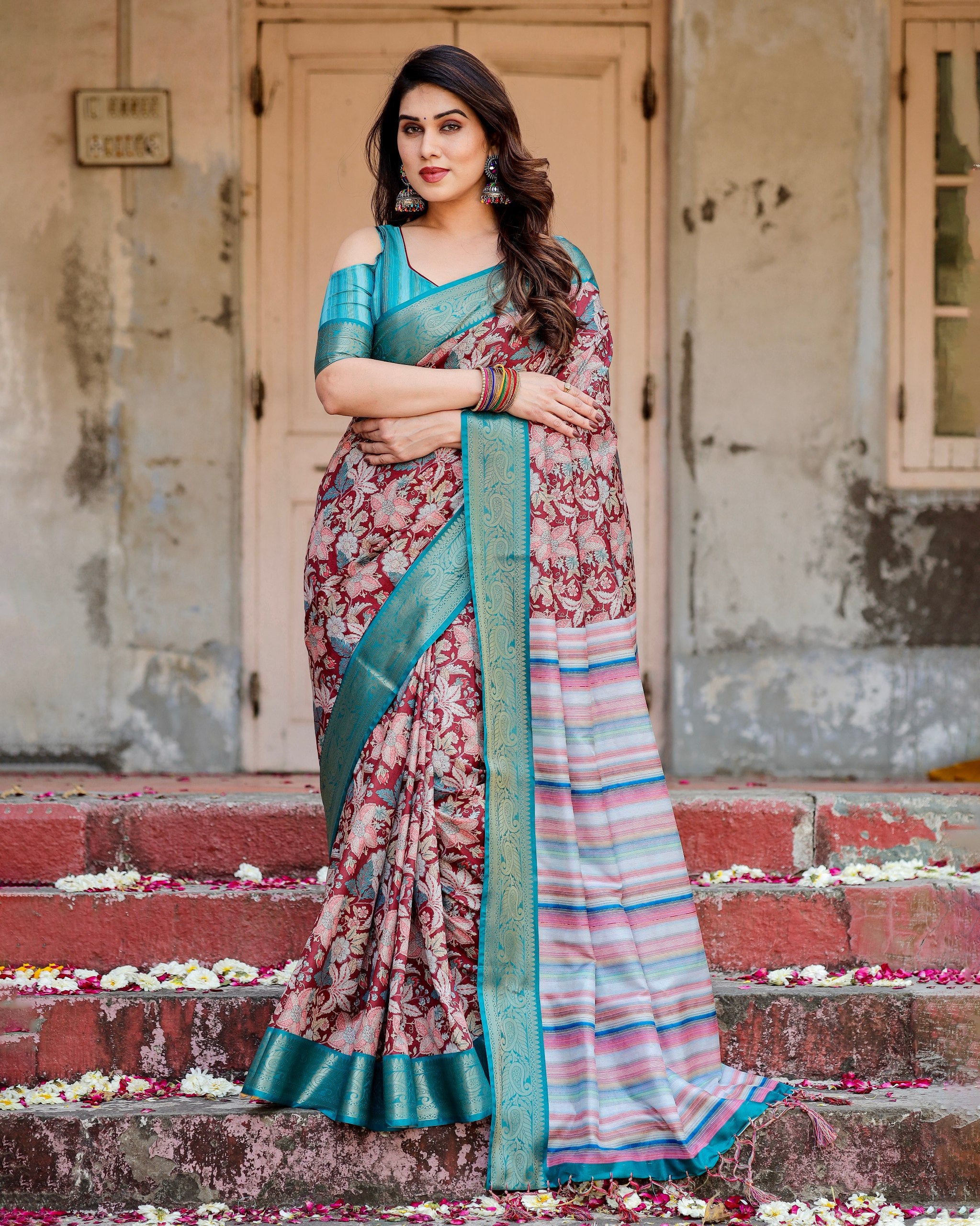 Pure Silk Digital Printed Saree with Brocade Blouse Colorful Saree