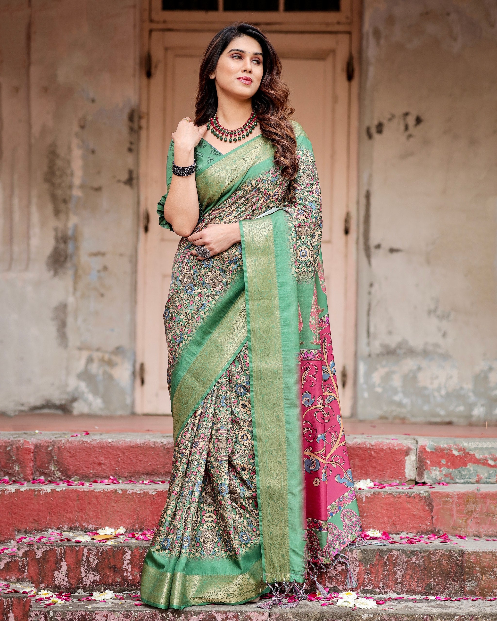 Pure Silk Digital Printed Saree with Brocade Blouse Colorful Saree