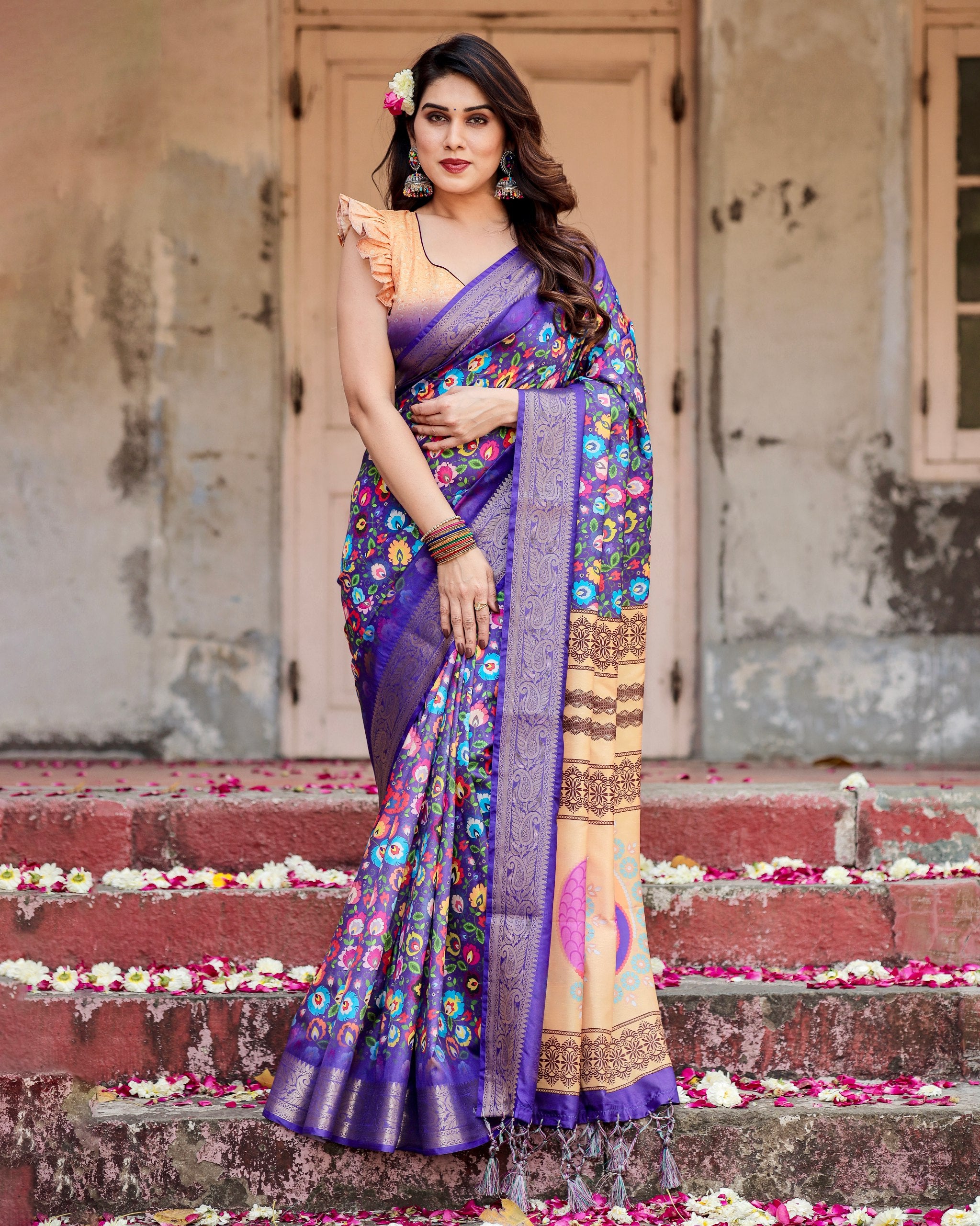 Pure Silk Digital Printed Saree with Brocade Blouse Colorful Saree