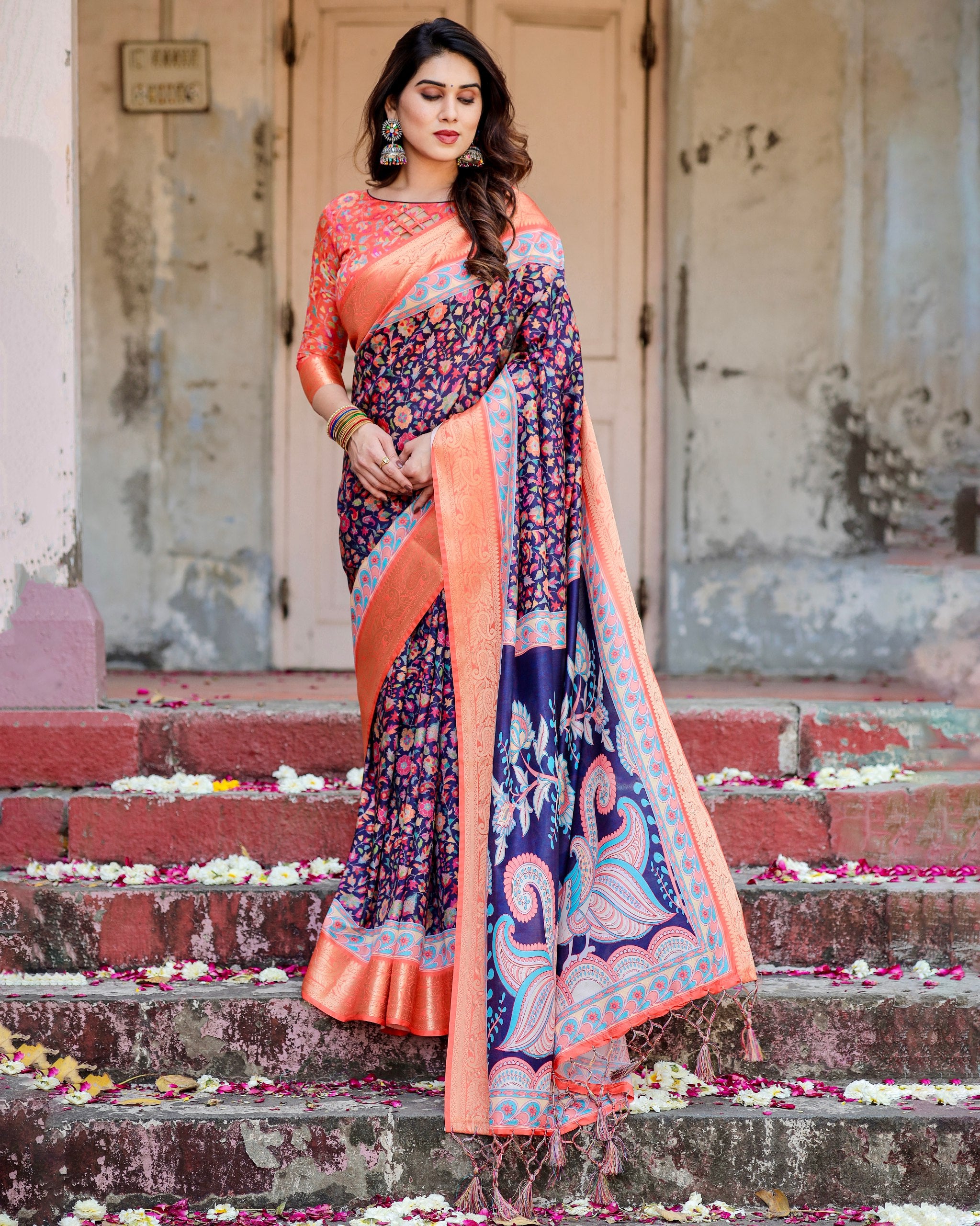 Pure Silk Digital Printed Saree with Brocade Blouse and Enchanting Tassels Colorful Saree