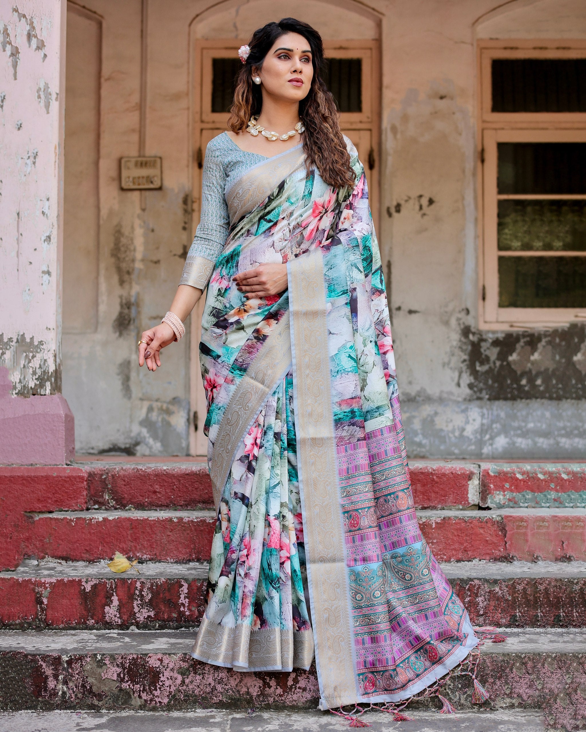 Pure Silk Digital Printed Saree with Brocade Blouse Colorful Saree