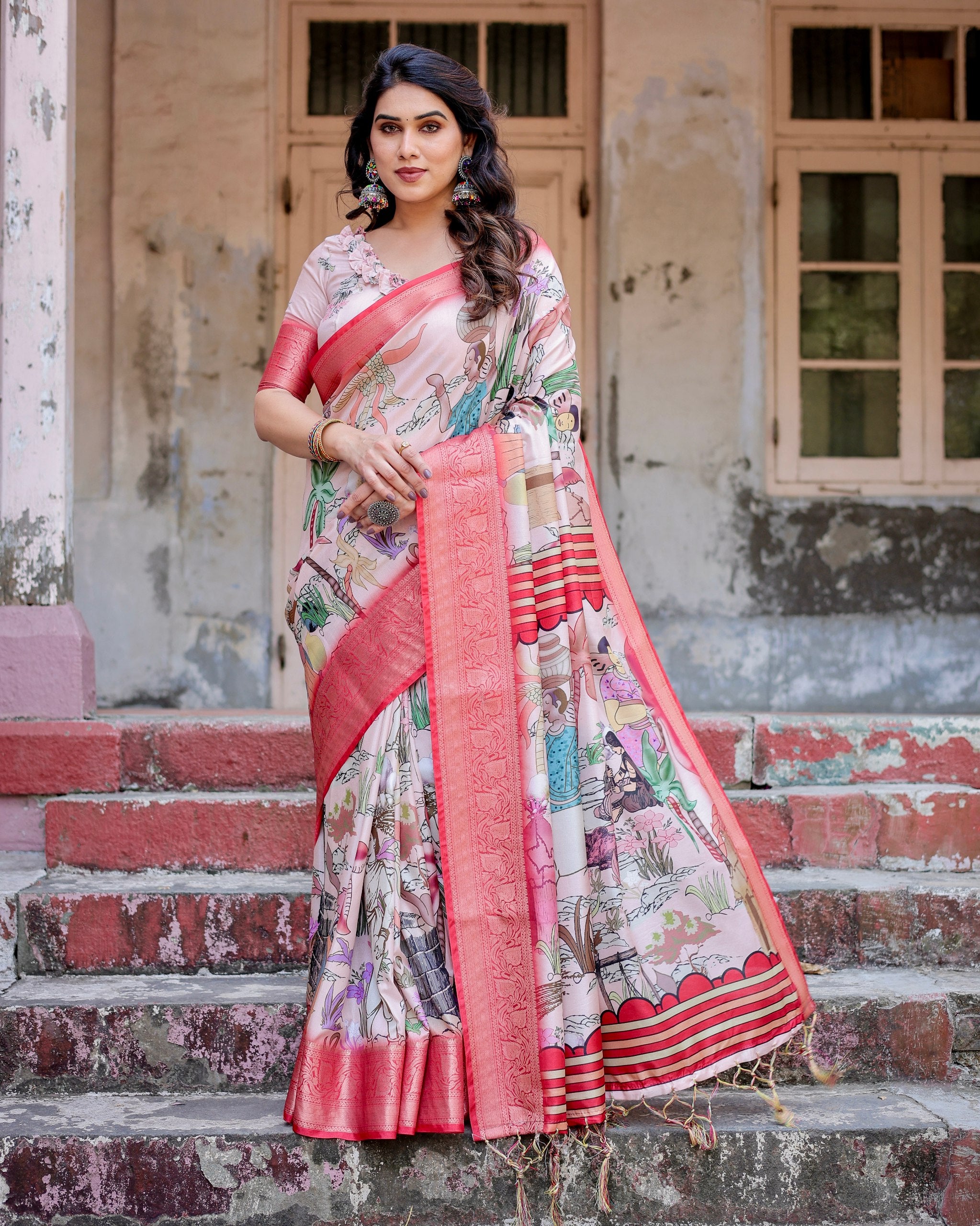 Pure Silk Digital Printed Saree with Brocade Blouse Colorful Saree