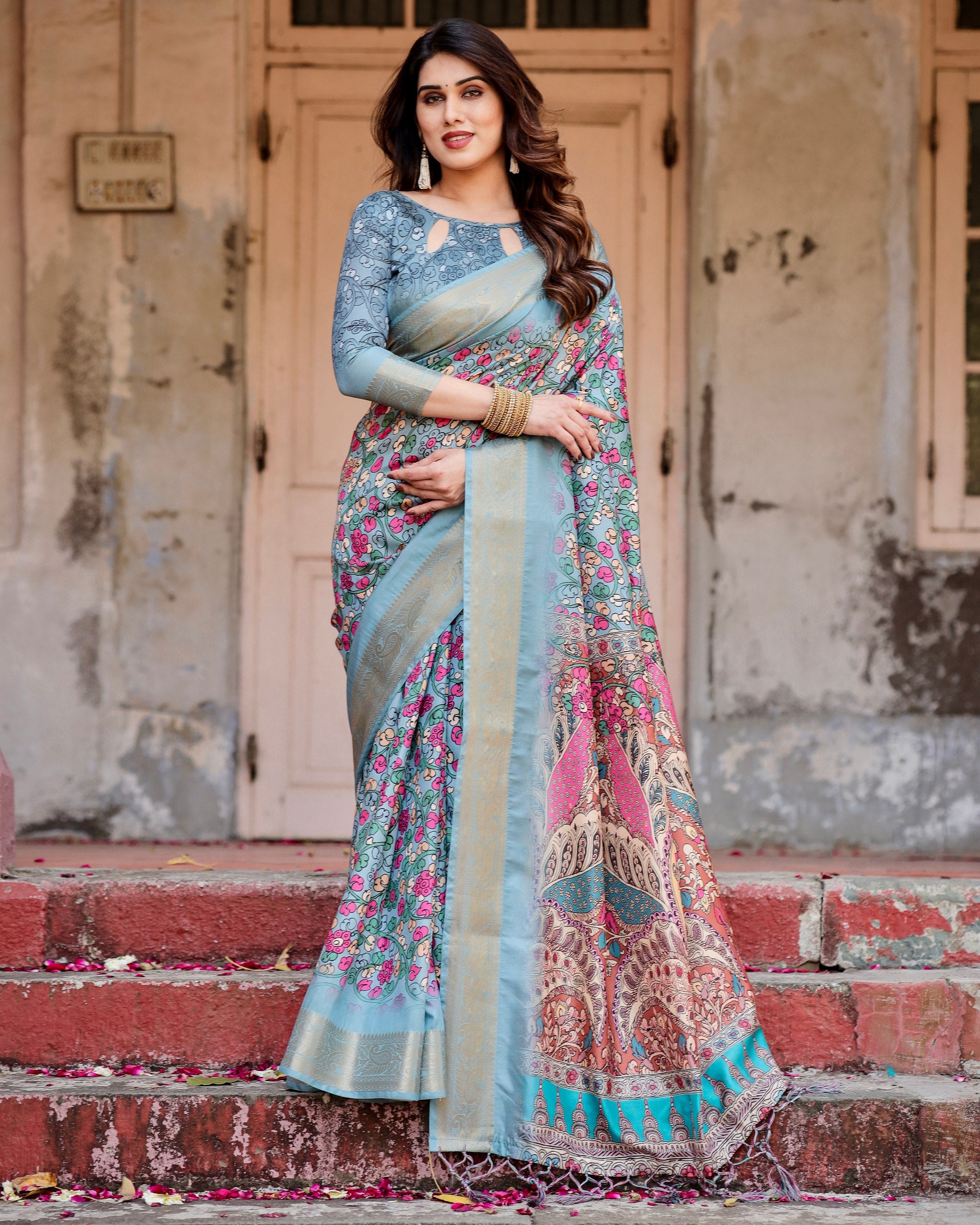 Pure Silk Digital Printed Saree with Brocade Blouse Colorful Saree