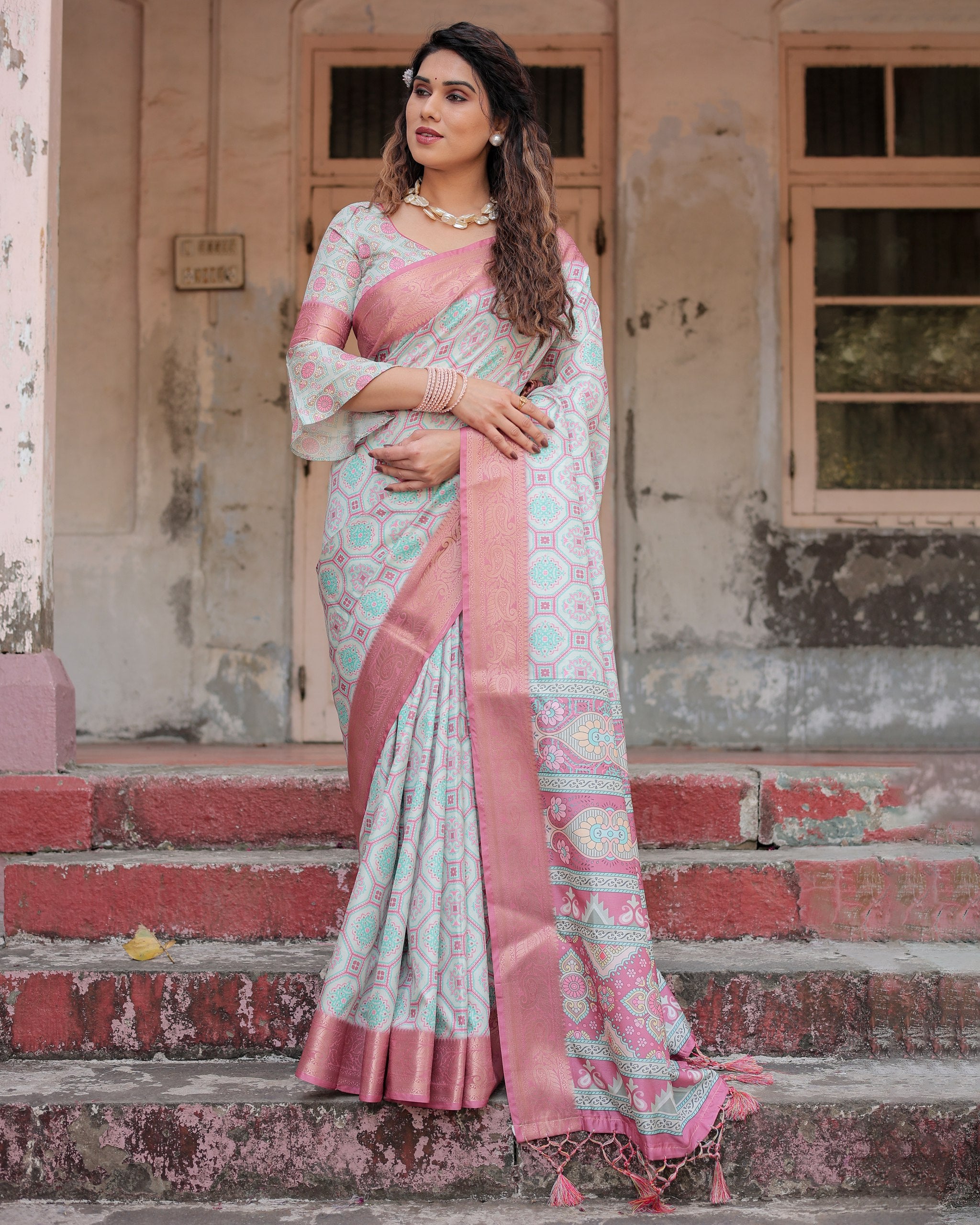 Pure Silk Digital Printed Saree with Brocade Blouse Colorful Saree