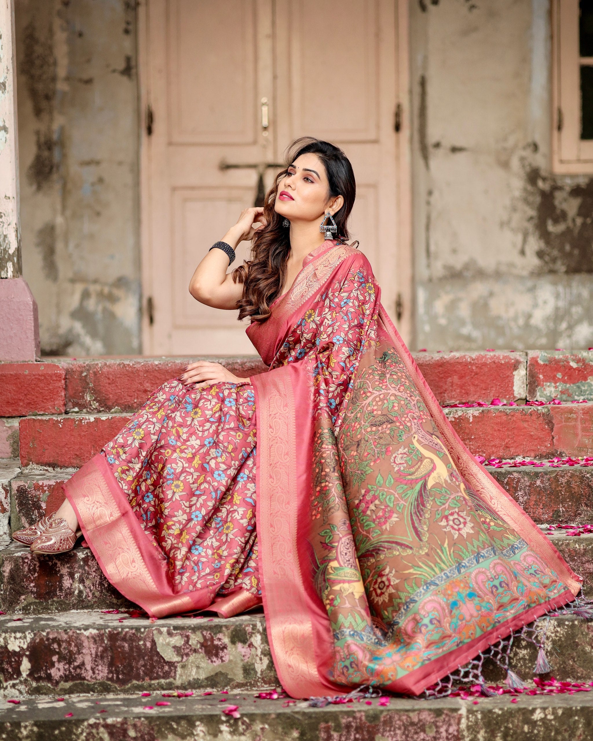 Pure Silk Digital Printed Saree with Brocade Blouse Colorful Saree